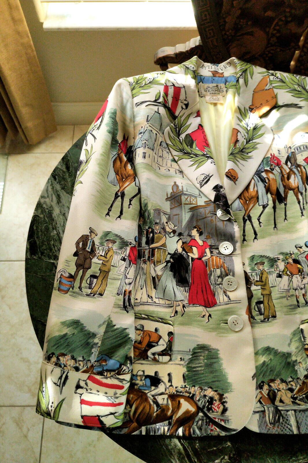 Vintage Hermès French Equestrian Race 100% Silk Scarf Print Jacket FR 38/ US 4 6 For Sale 2