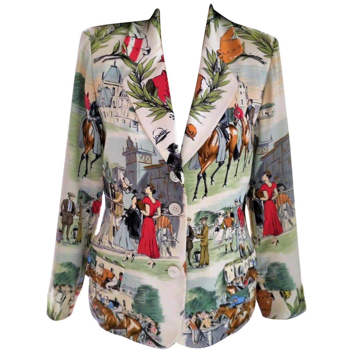 Vintage Hermès French Equestrian Race 100% Silk Scarf Print Jacket FR 38/ US 4 6 For Sale