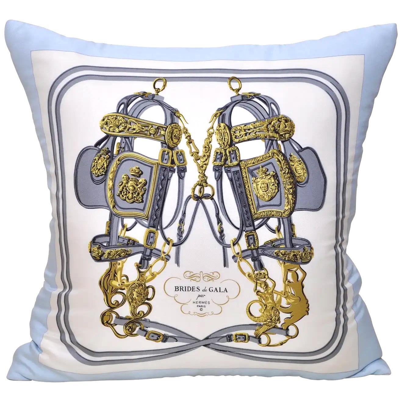 Vintage Hermes French Silk Scarf and Irish Linen Cushion Pillow Blue Gold