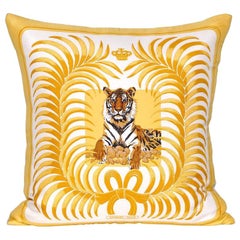 Used Hermès French Silk Scarf and Irish Linen Cushion Pillow Gold Yellow