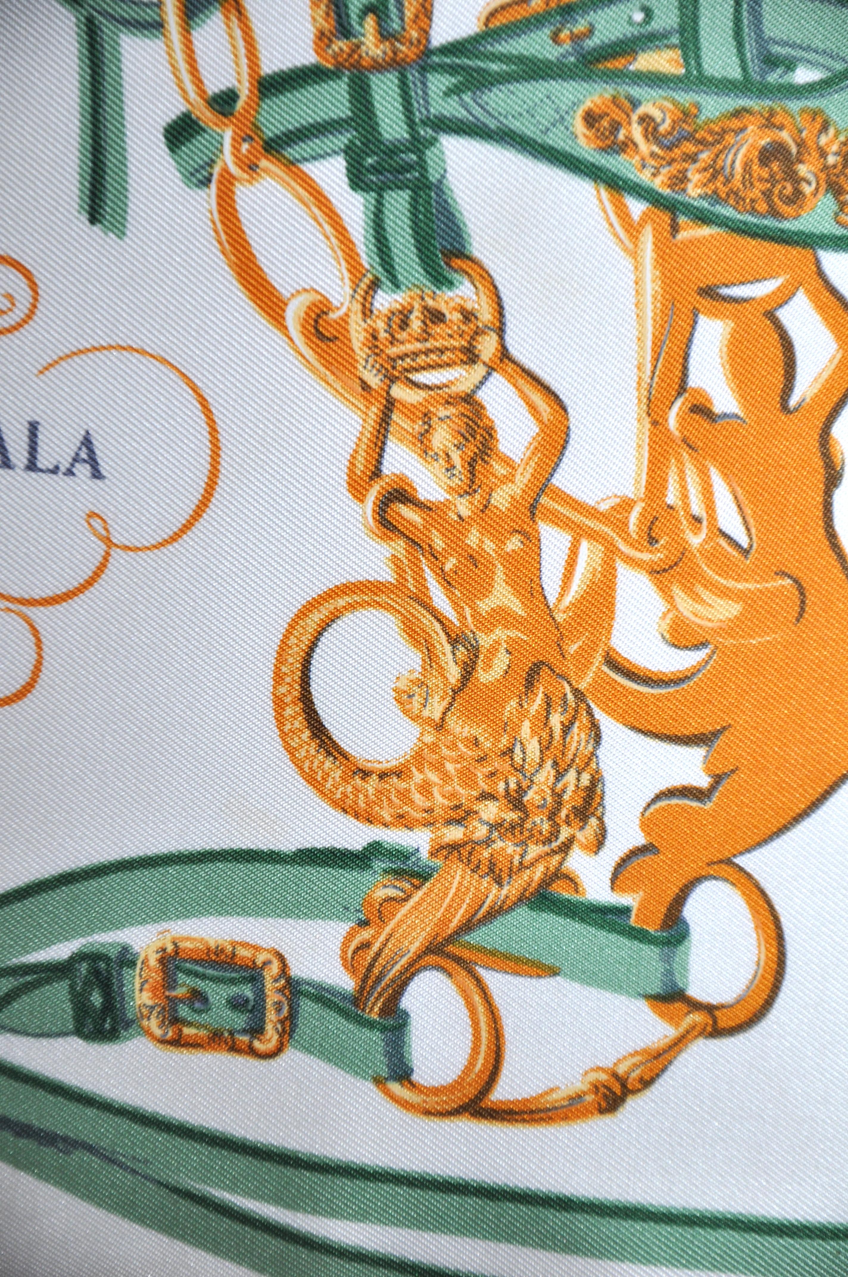 Baroque Vintage Hermes French Silk Scarf and Irish Linen Cushion Pillow Green Gold