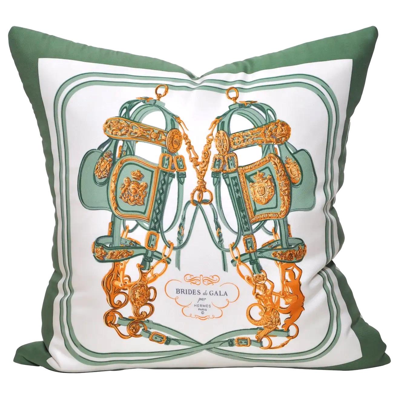 Vintage Hermes French Silk Scarf and Irish Linen Cushion Pillow Green Gold