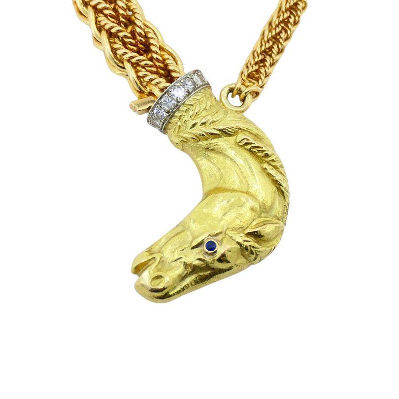 Vintage Hermes Georges L'Enfant Equestrian 18k Gold Diamond Choker Necklace. The chain has a beautiful braid like interlocking design for the chain that is 14
