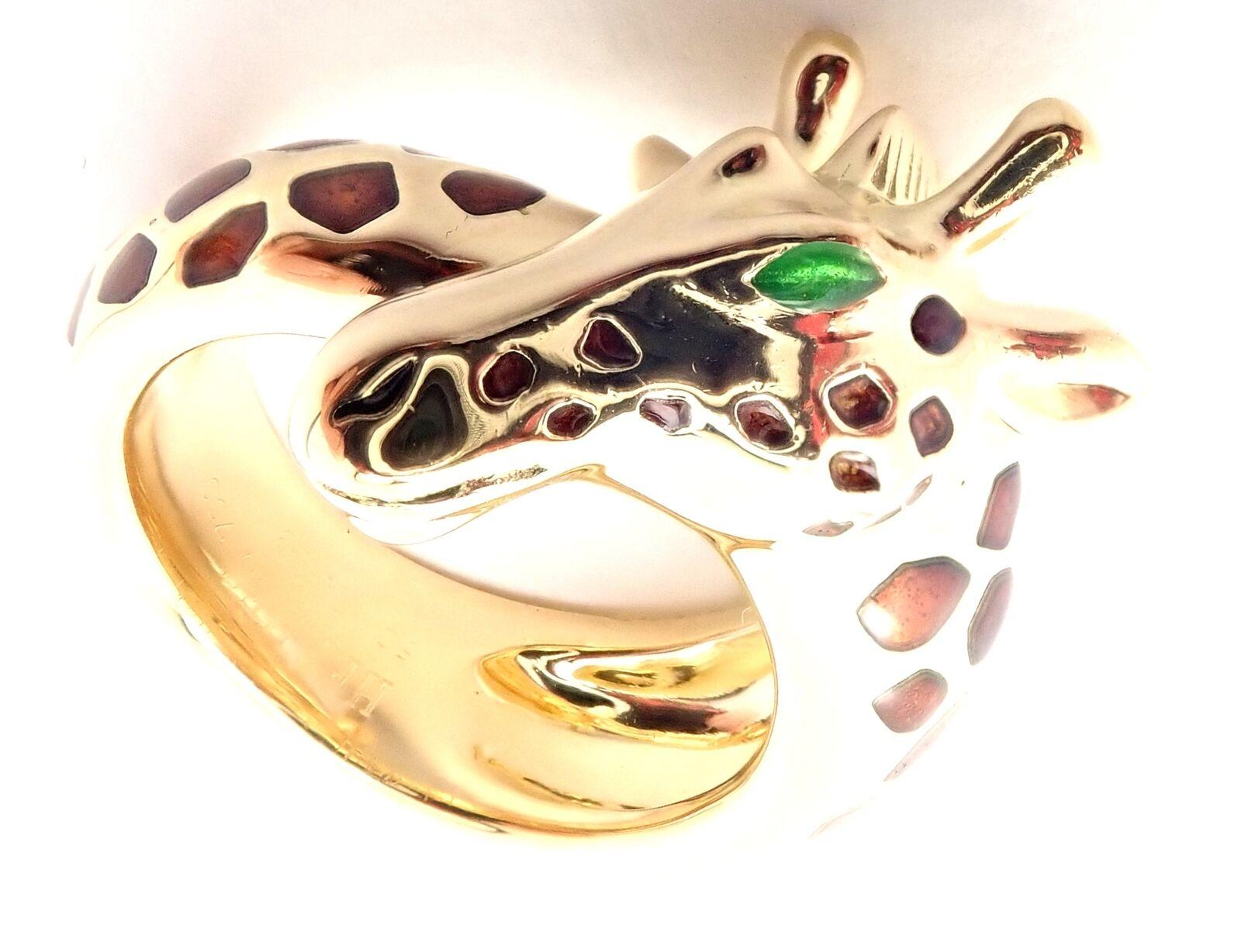 Vintage Hermes Giraffe Emerald Enamel Yellow Gold Band Ring 1