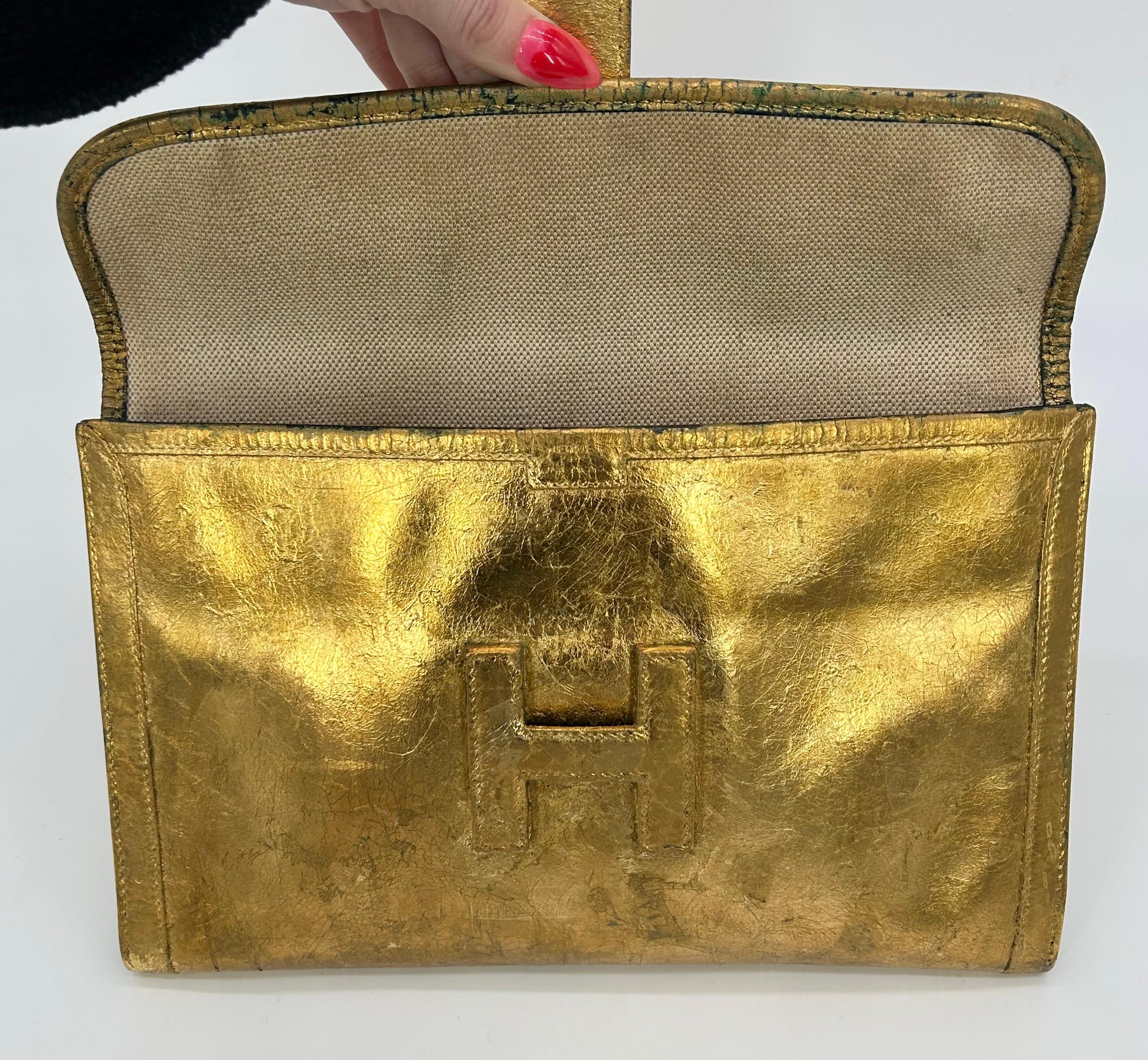 Vintage Hermes Gold Foil Jige Pm Clutch For Sale 7