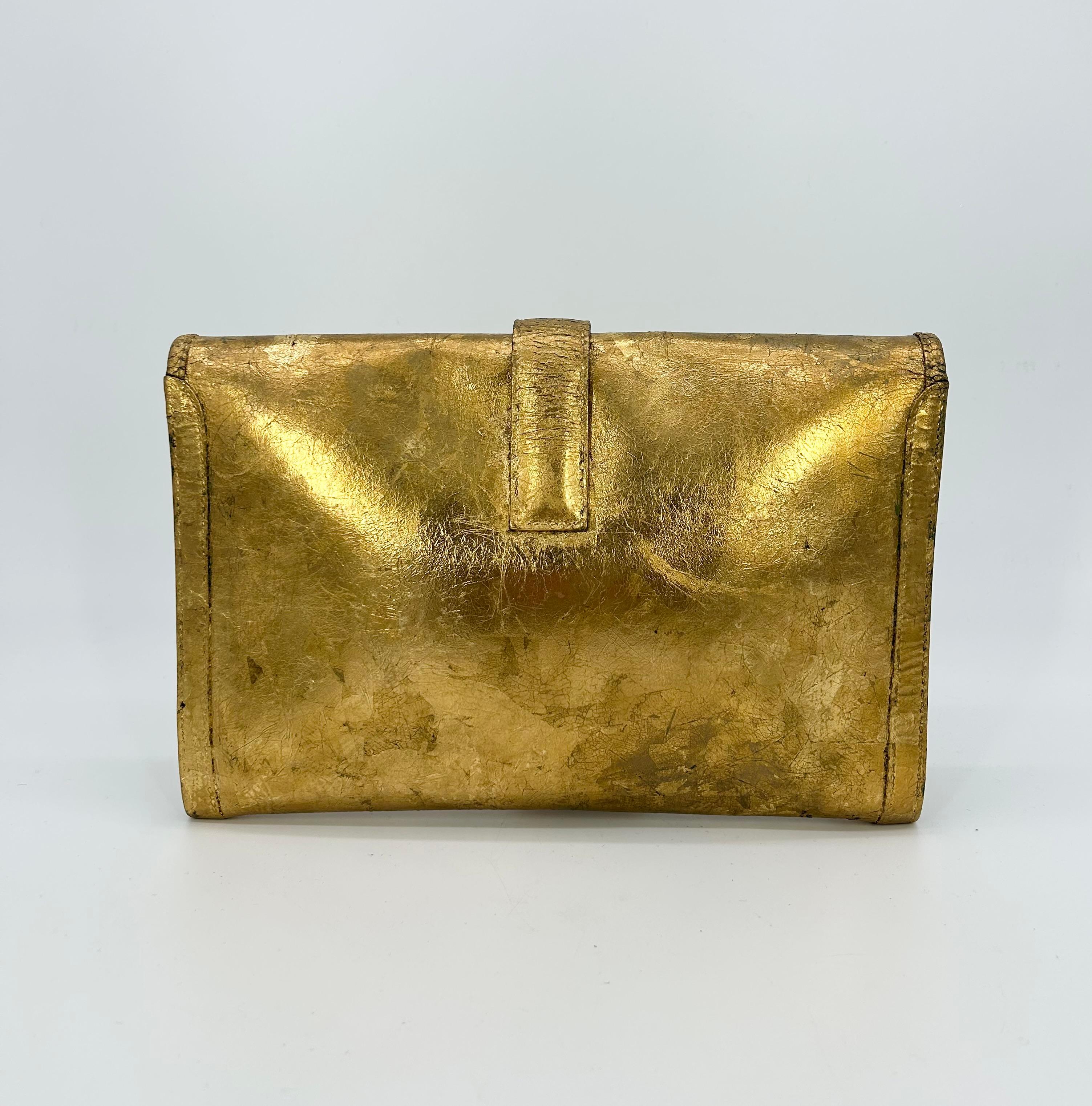 Brown Vintage Hermes Gold Foil Jige Pm Clutch For Sale