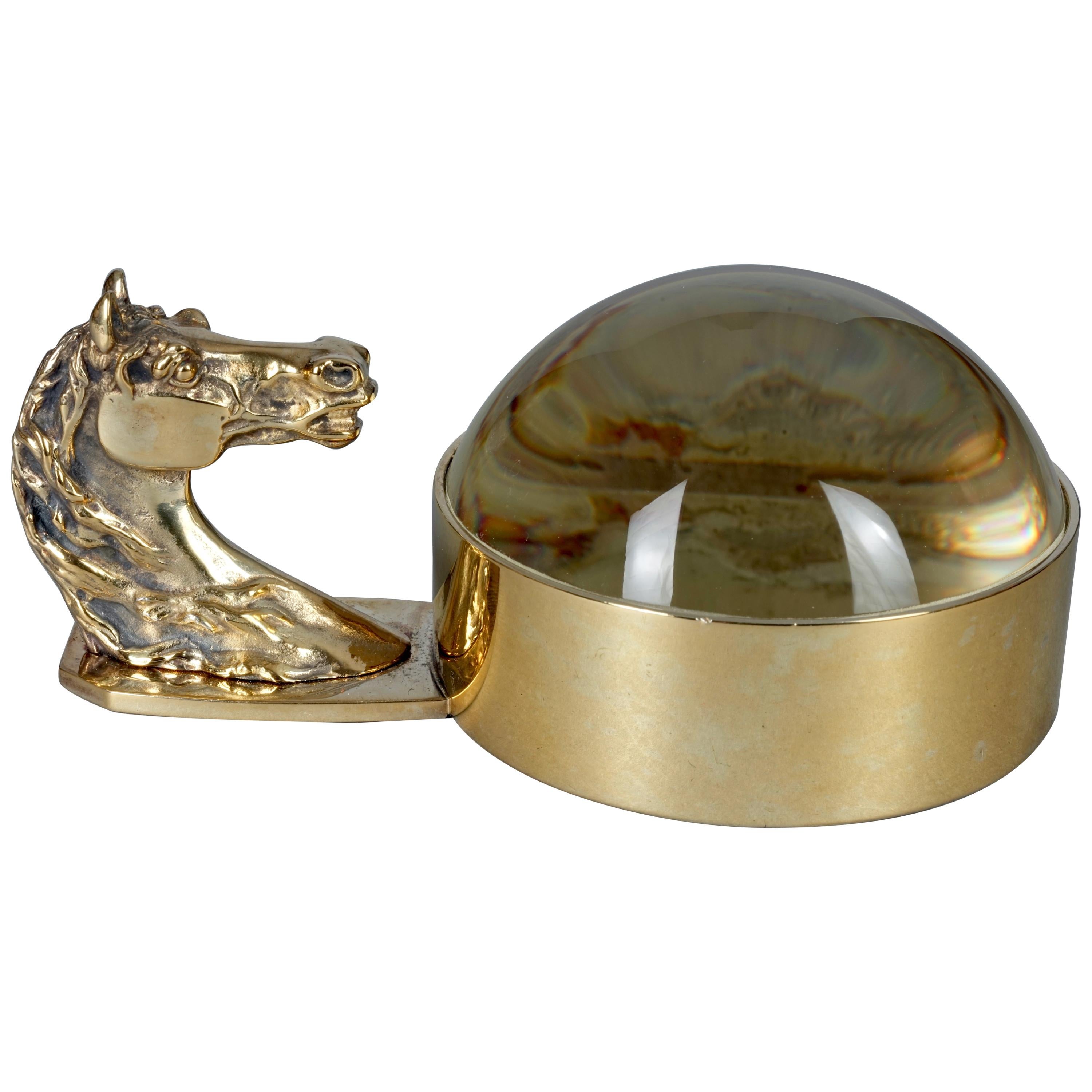 Vintage HERMES Gold Horse Head Art Deco Paperweight Magnifying Glass For Sale
