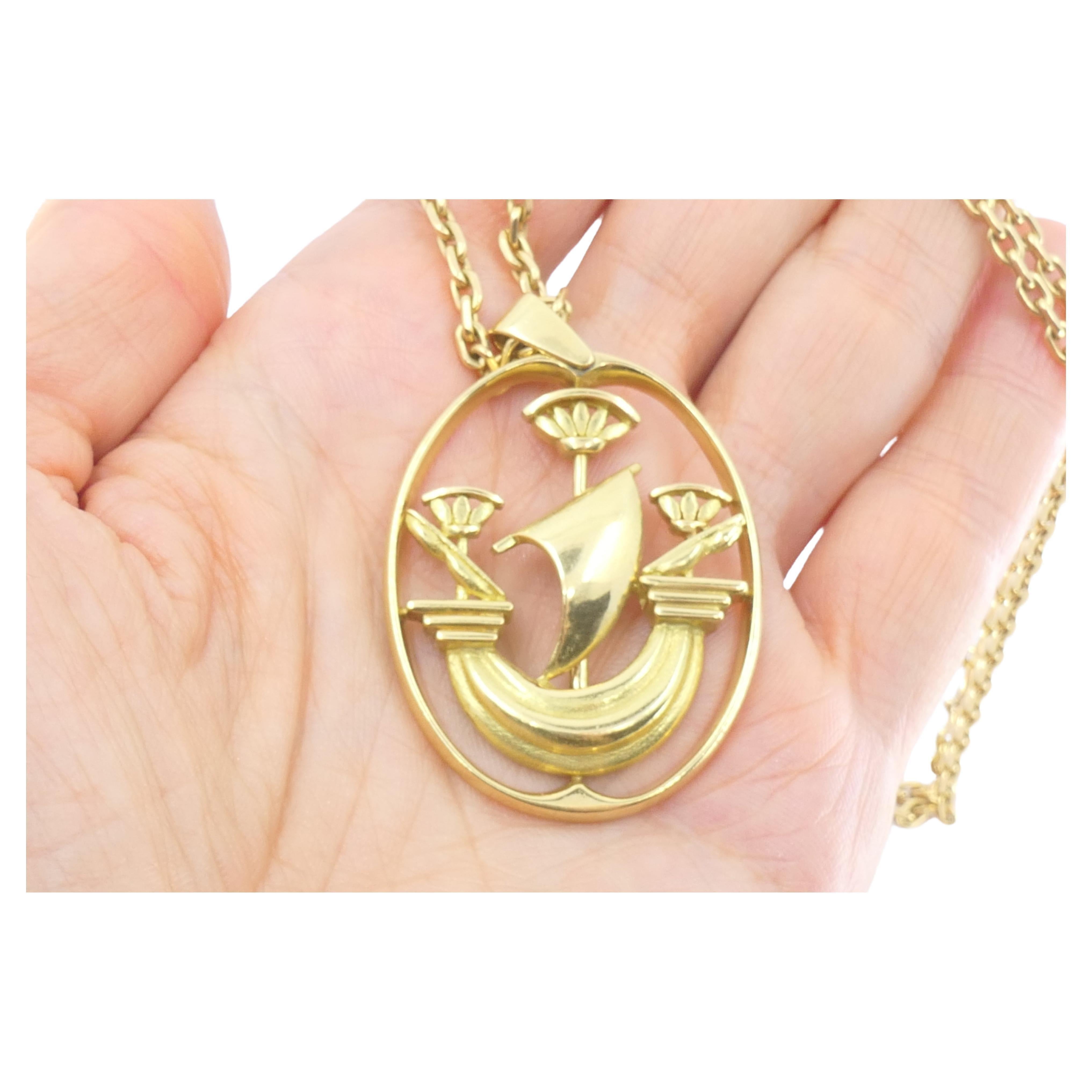 Vintage Hermes Gold Necklace Ship Pendant For Sale 7