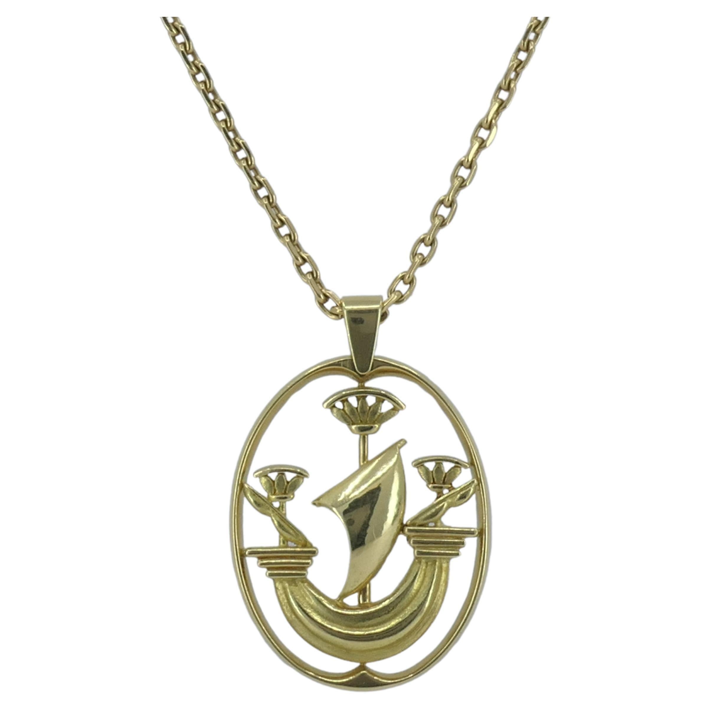 Vintage Hermes Gold Necklace Ship Pendant In Excellent Condition For Sale In Beverly Hills, CA