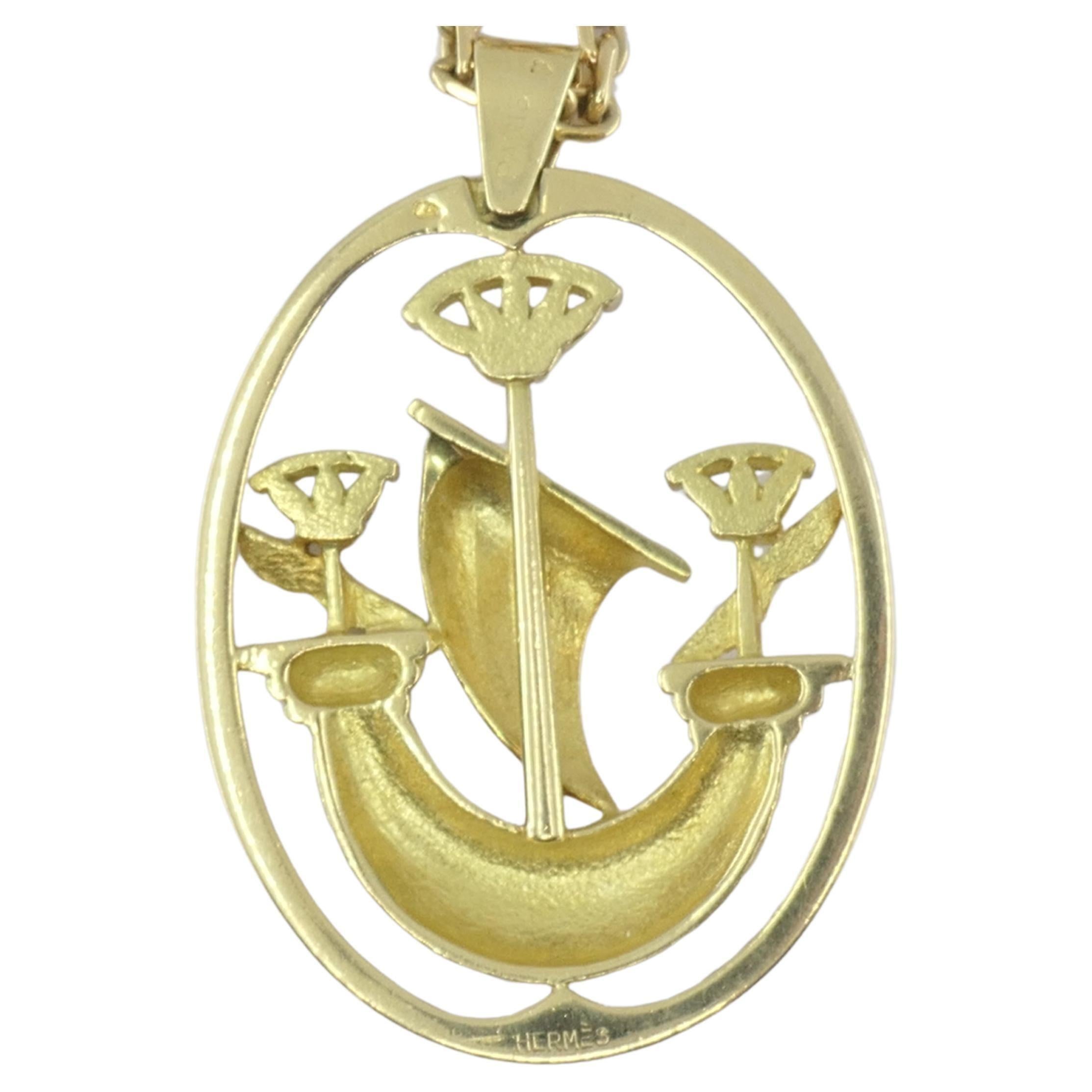 Women's or Men's Vintage Hermes Gold Necklace Ship Pendant For Sale