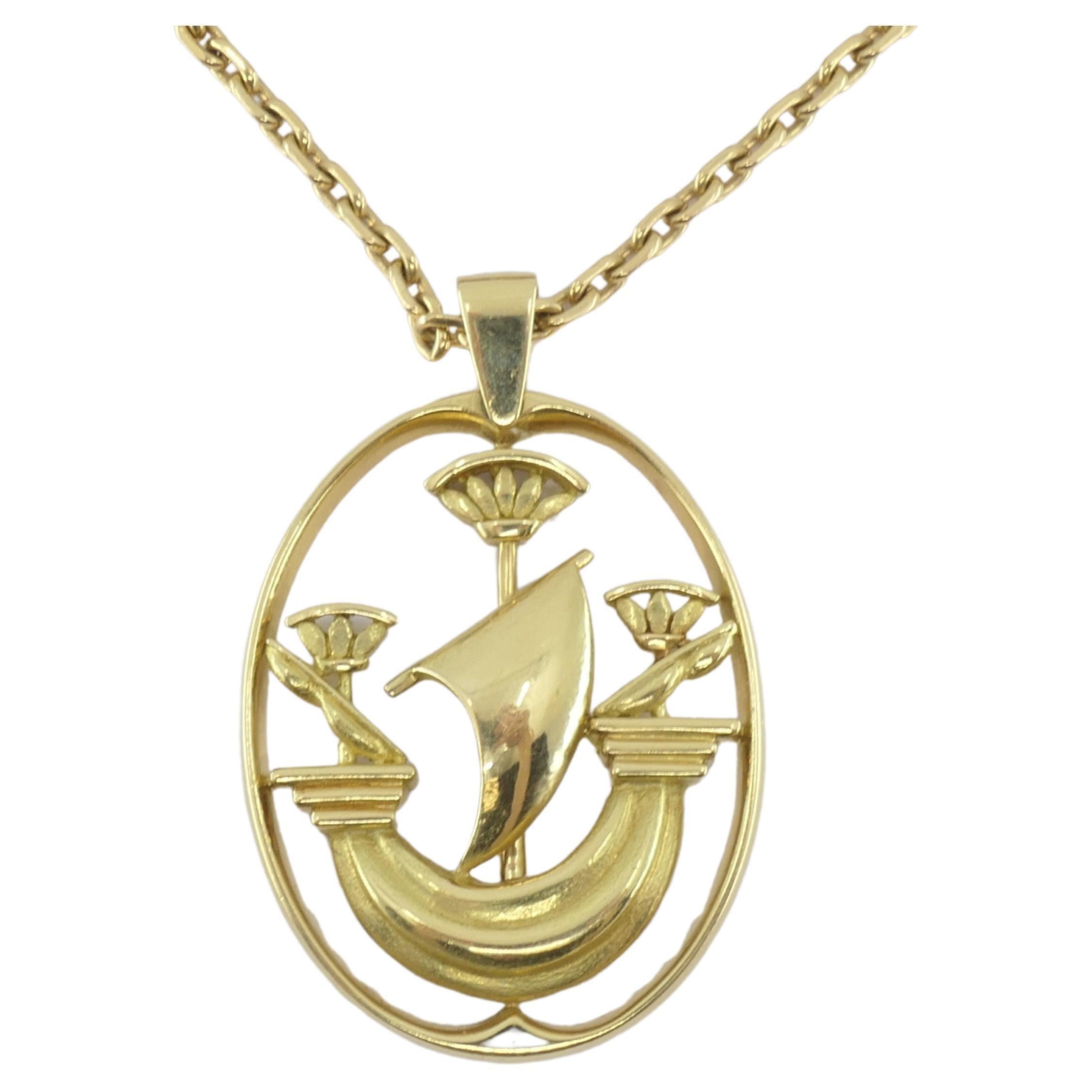 Vintage Hermes Gold Necklace Ship Pendant For Sale 1