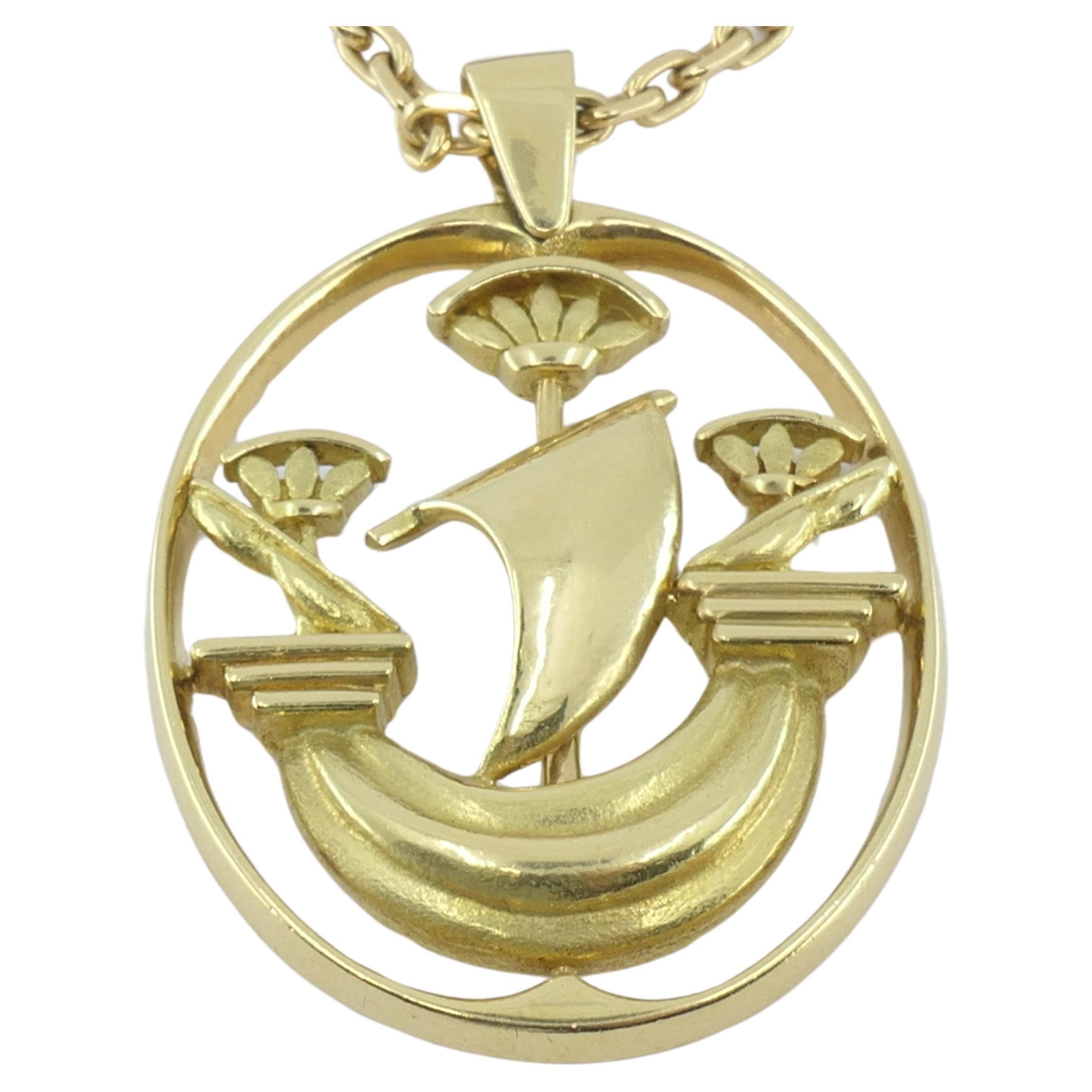 Vintage Hermes Gold Necklace Ship Pendant For Sale 2
