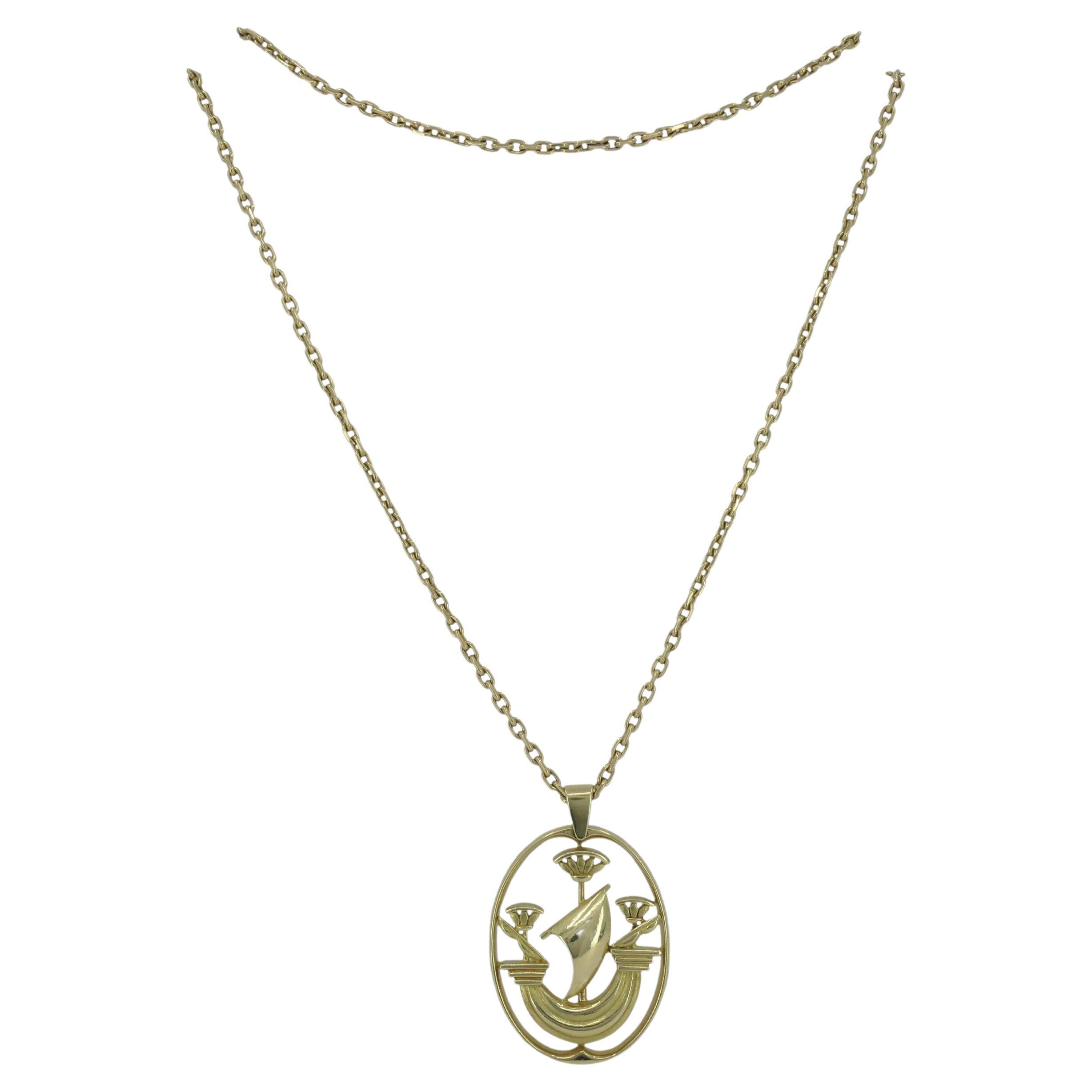 Vintage Hermes Gold Necklace Ship Pendant For Sale