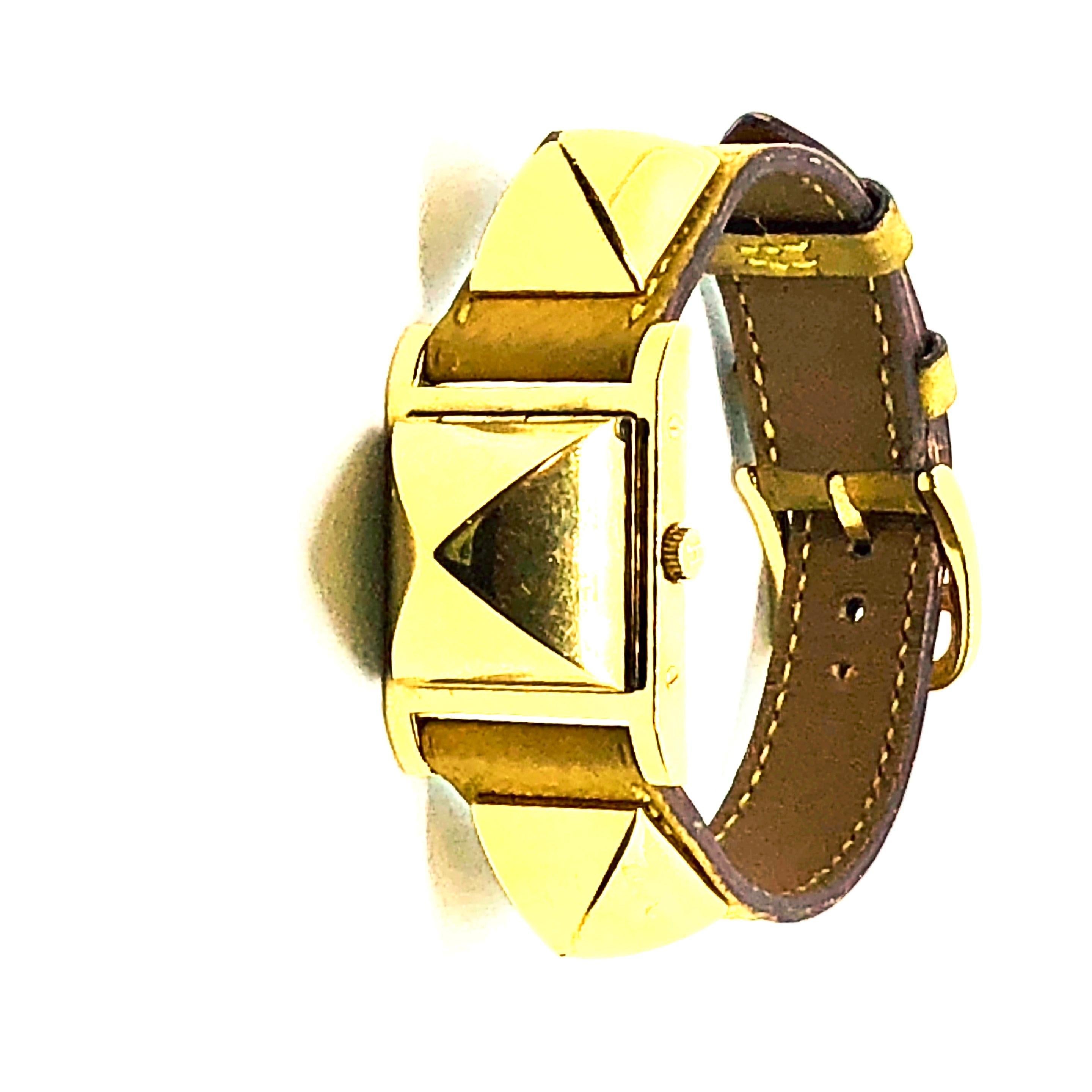 Contemporary Vintage Hermes Gold Plated Medor Watch with Yellow Leather Strap For Sale