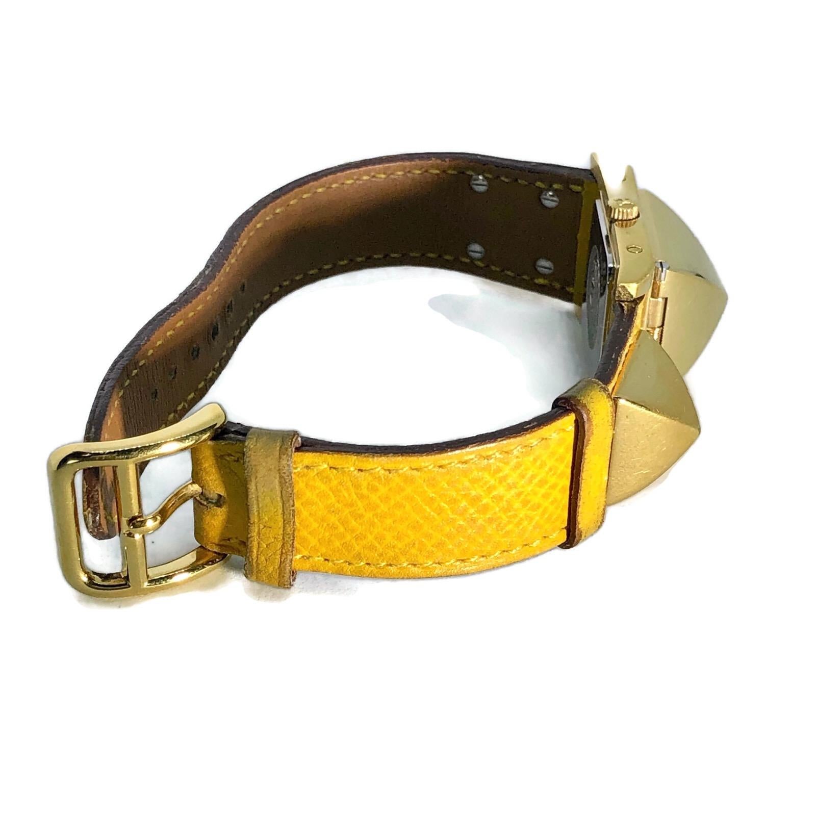 Vintage Hermes Gold Plated Medor Watch with Yellow Leather Strap In Good Condition For Sale In New York, NY