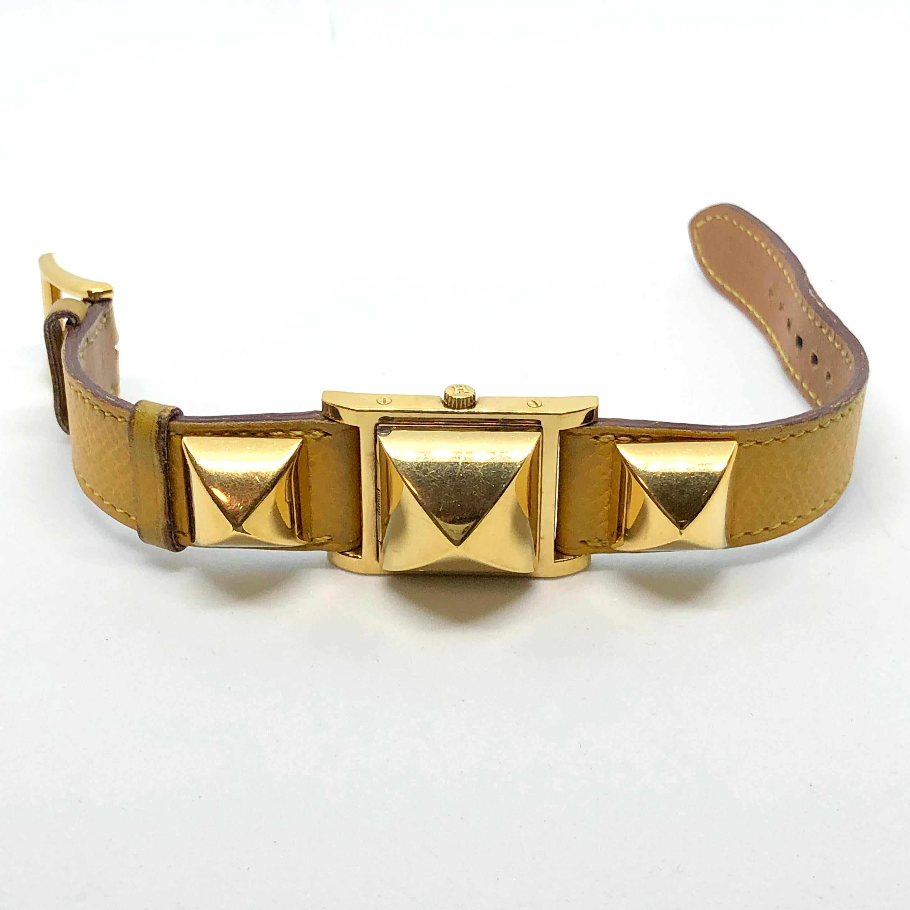 Women's Vintage Hermes Gold Plated Medor Watch with Yellow Leather Strap For Sale