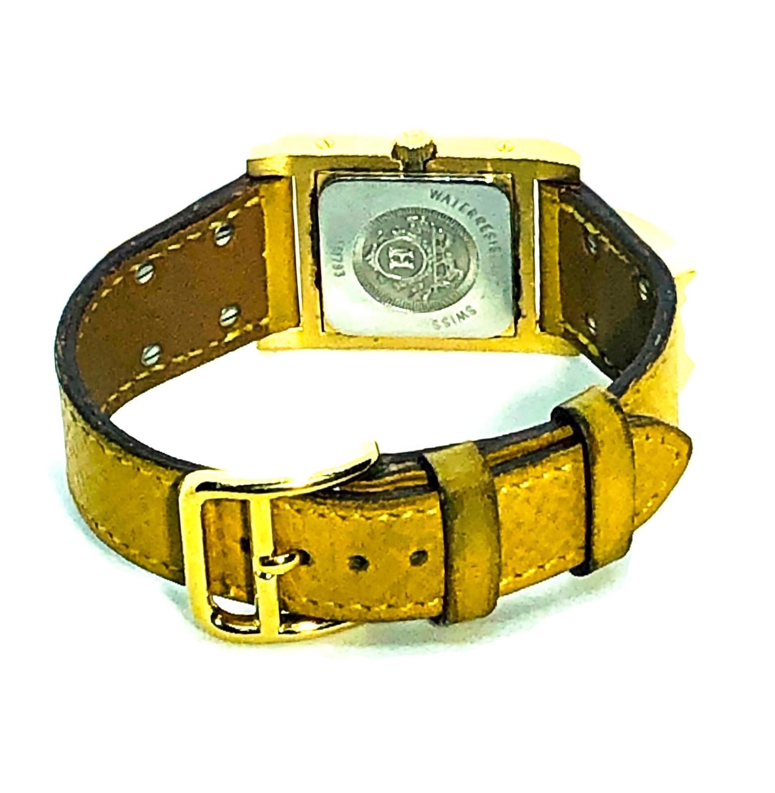 Vintage Hermes Gold Plated Medor Watch with Yellow Leather Strap For Sale 1