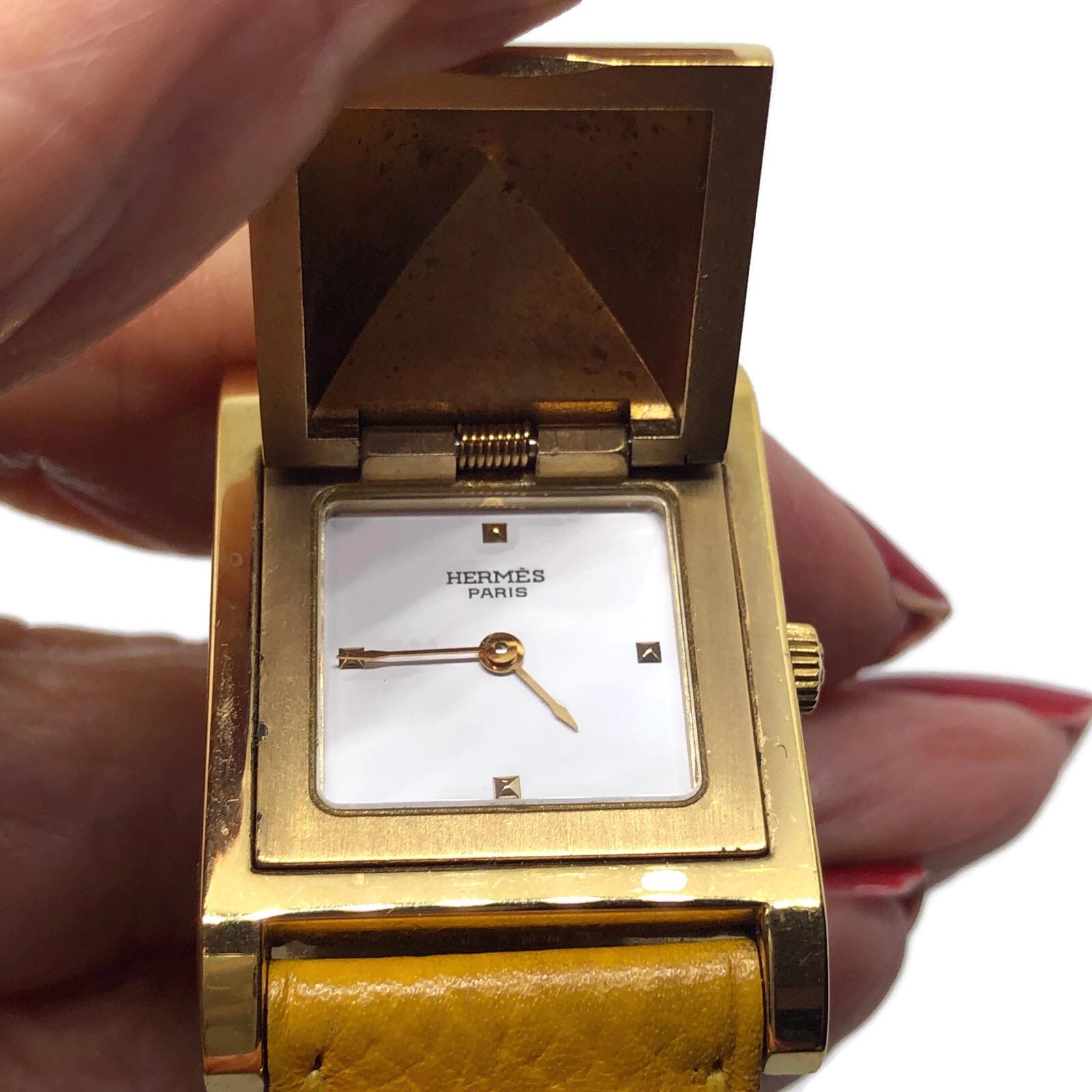 Vintage Hermes Gold Plated Medor Watch with Yellow Leather Strap For Sale 3