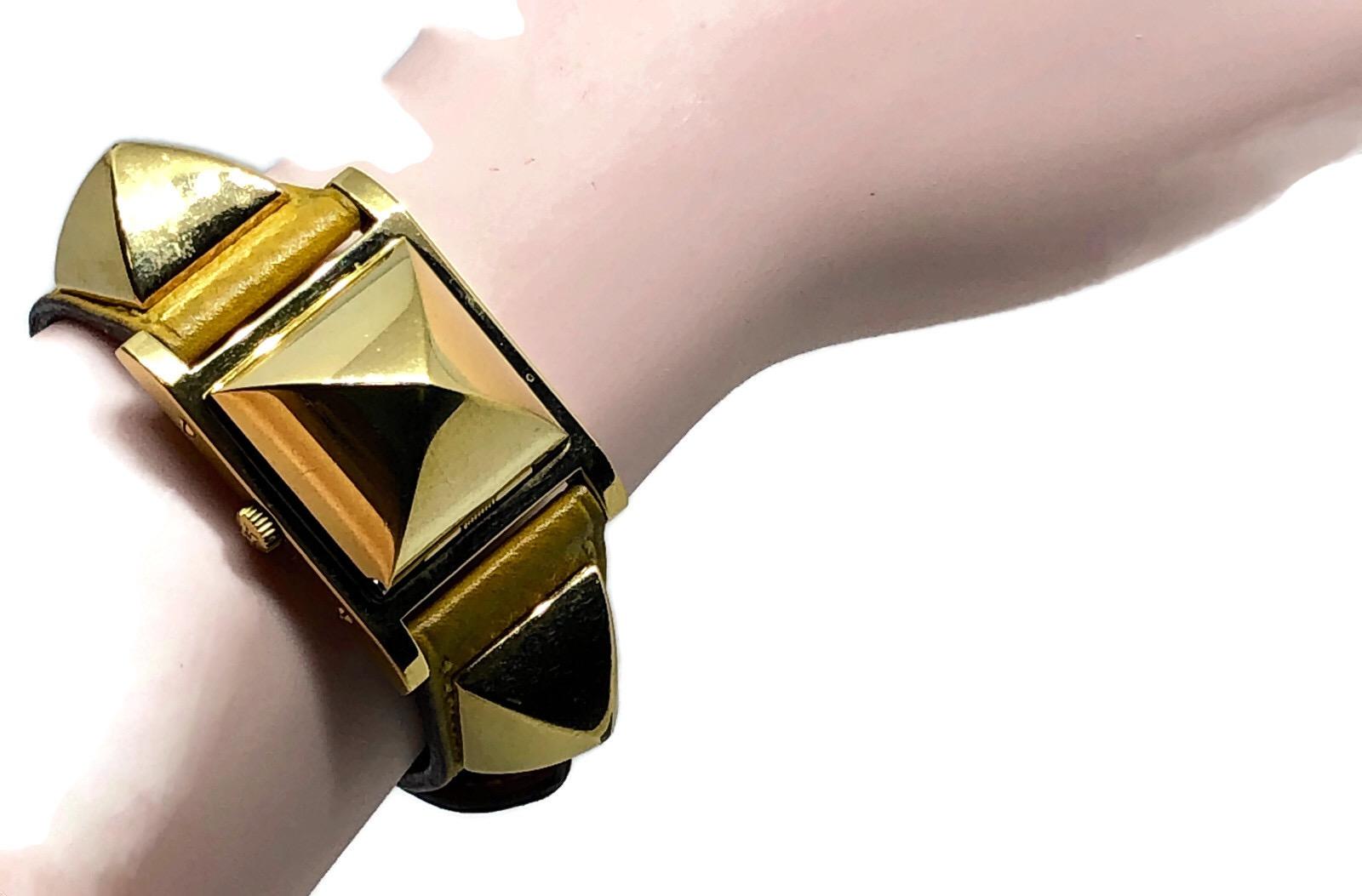 Vintage Hermes Gold Plated Medor Watch with Yellow Leather Strap For Sale 4