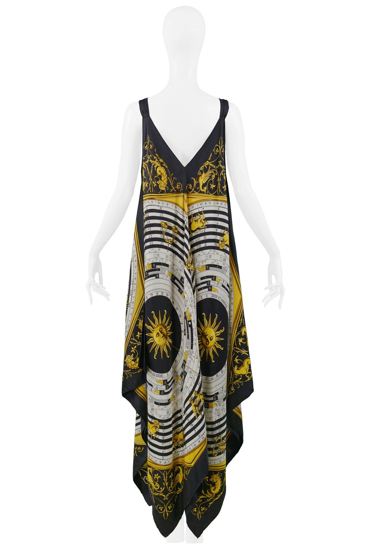 Black Vintage Hermes Gold Zodiac Print Scarf Maxi Dress For Sale