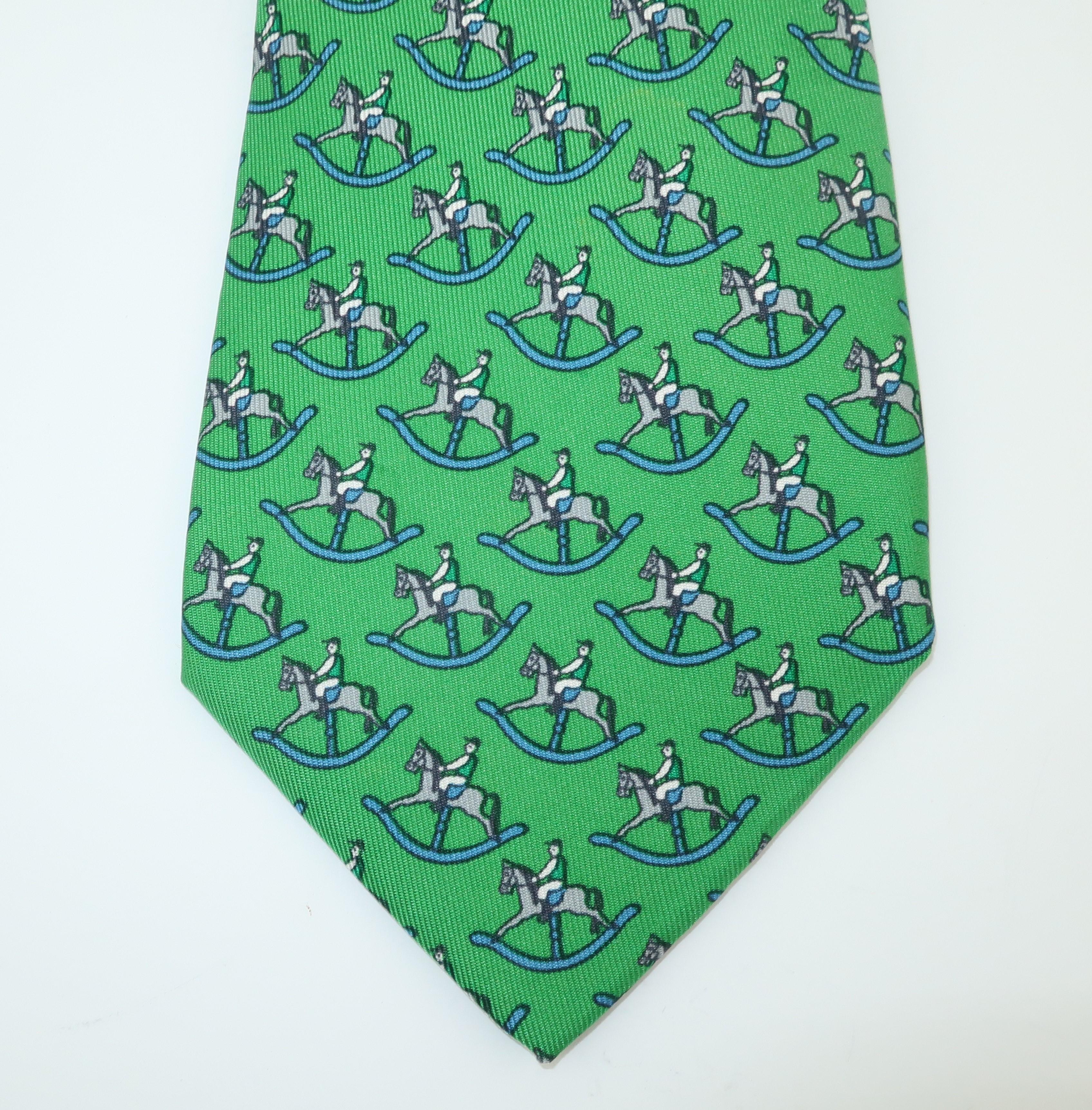 Vintage Hermes Green Silk Men's Necktie With Novelty Rocking Horse Print In Good Condition In Atlanta, GA