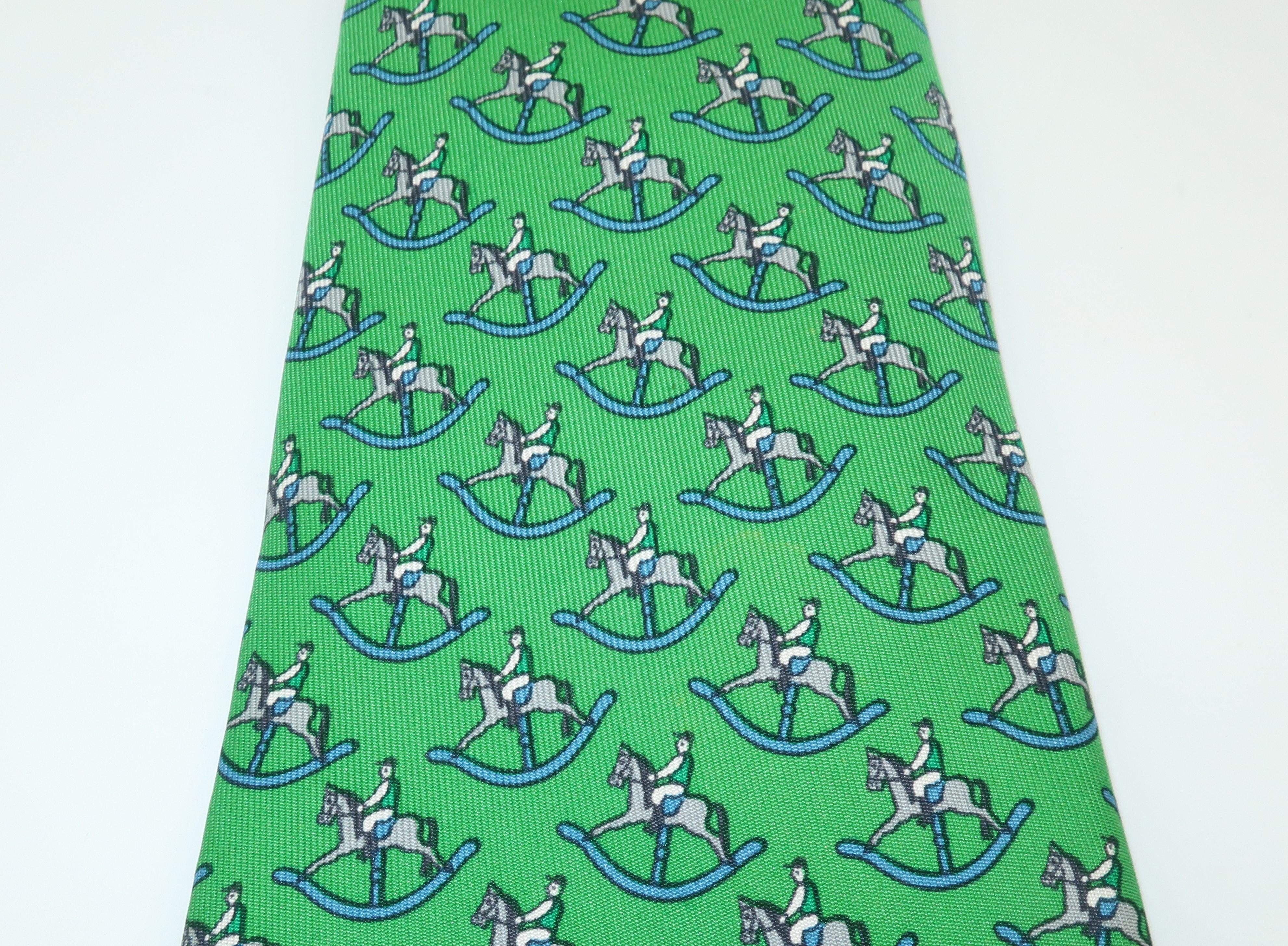 Vintage Hermes Green Silk Men's Necktie With Novelty Rocking Horse Print 1
