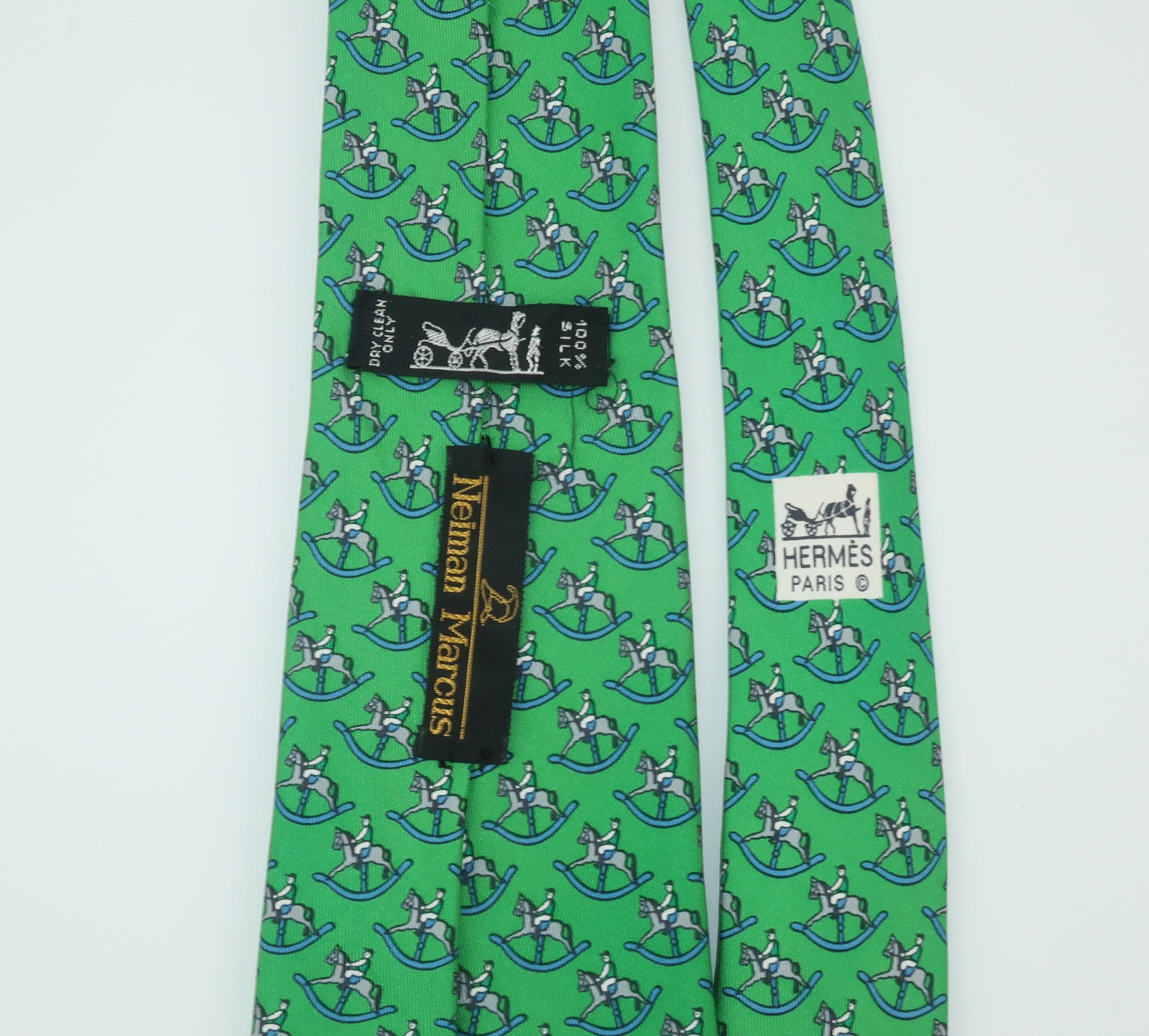 Vintage Hermes Green Silk Men's Necktie With Novelty Rocking Horse Print 2