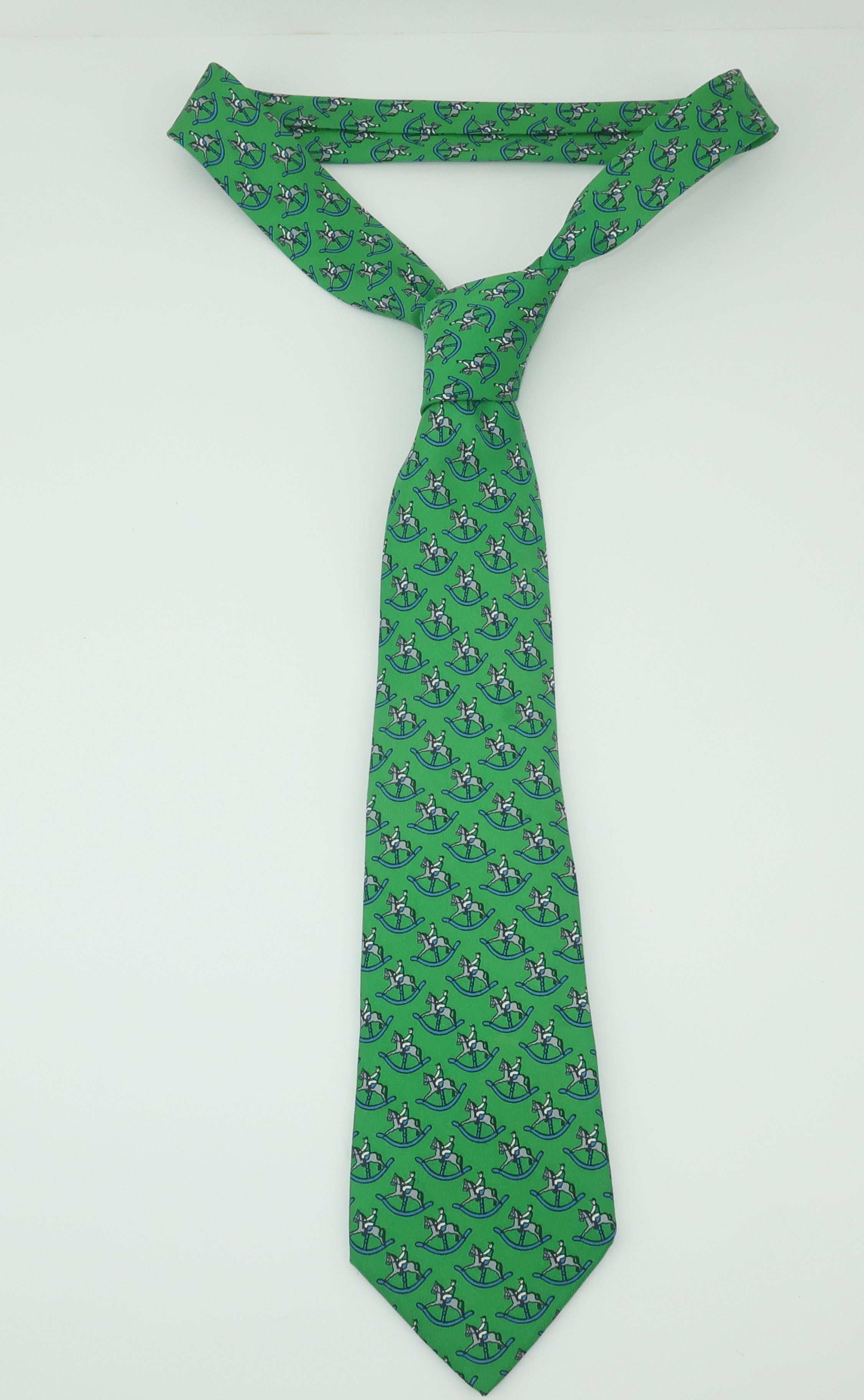 Vintage Hermes Green Silk Men's Necktie With Novelty Rocking Horse Print 3