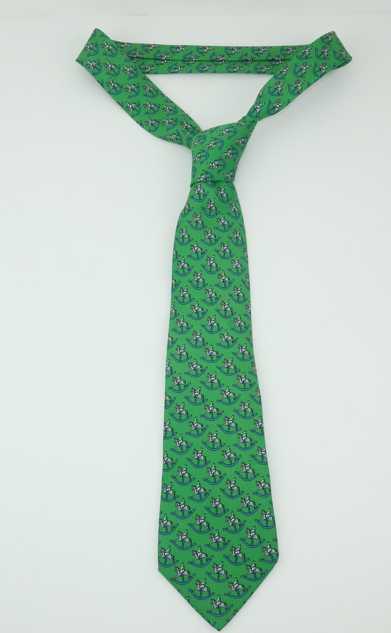 Vintage Hermes Green Silk Men's Necktie With Novelty Rocking Horse