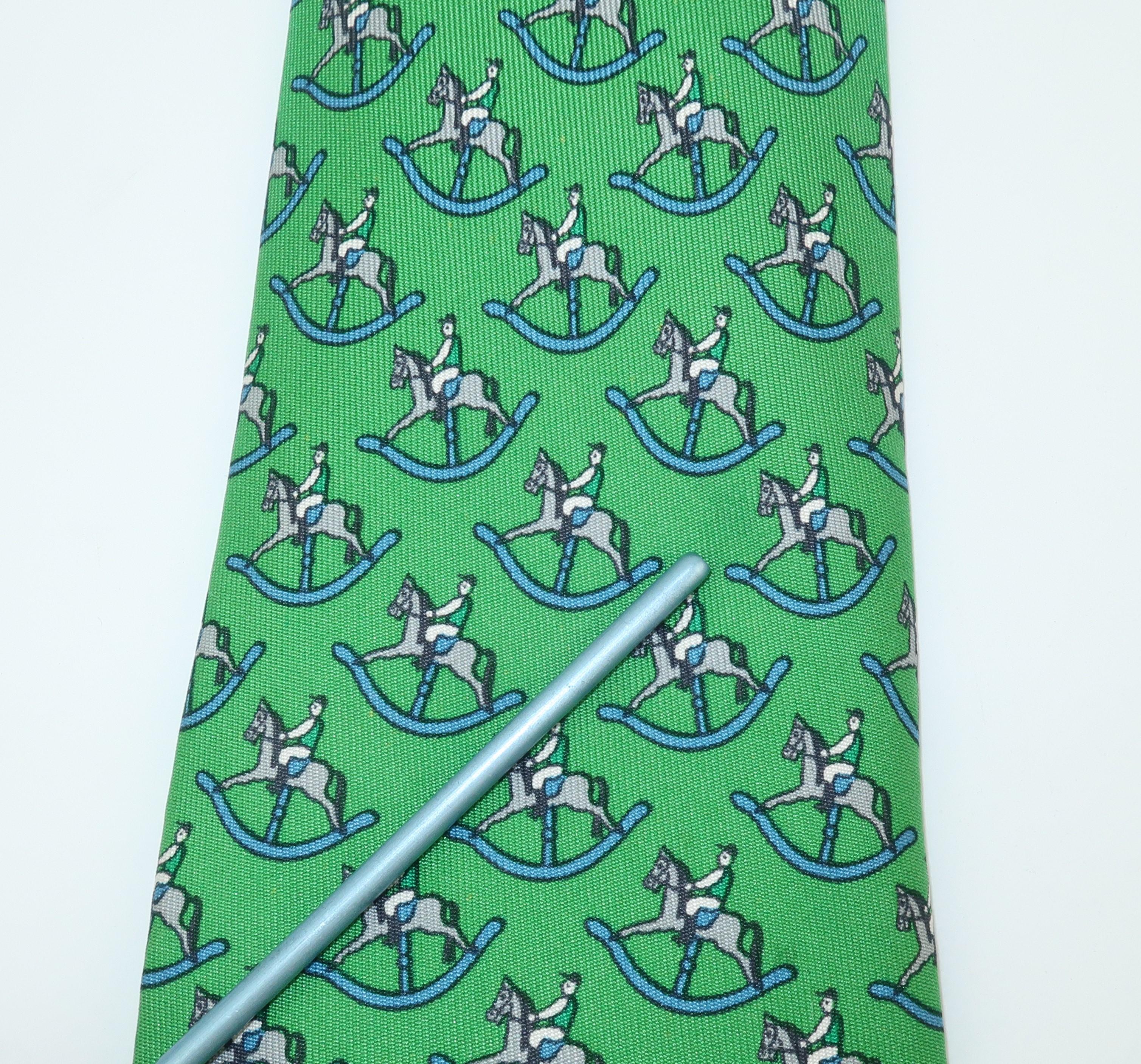 Vintage Hermes Green Silk Men's Necktie With Novelty Rocking Horse Print 5