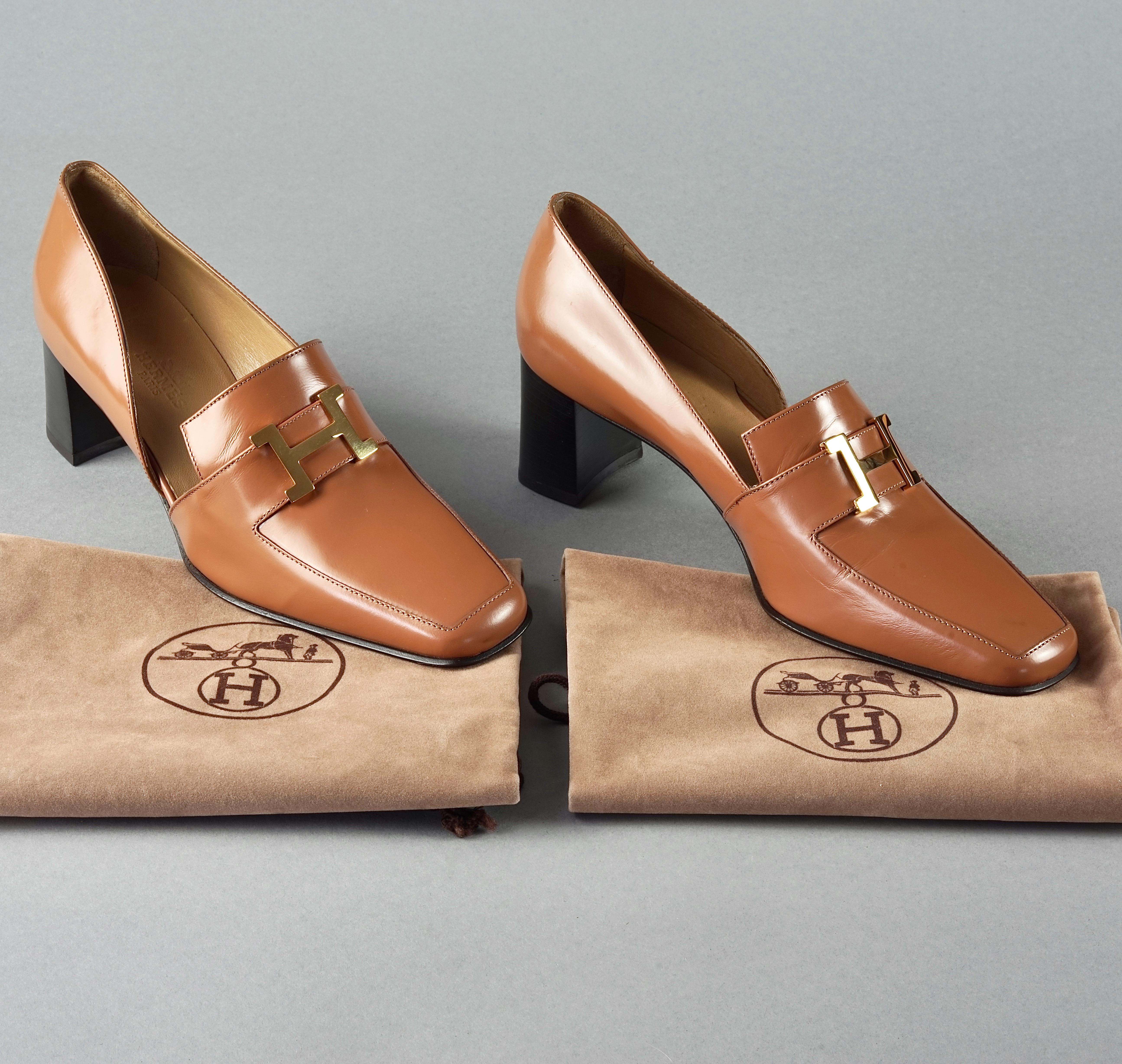 Brown Vintage HERMES H Logo Leather Heel Loafer Shoes