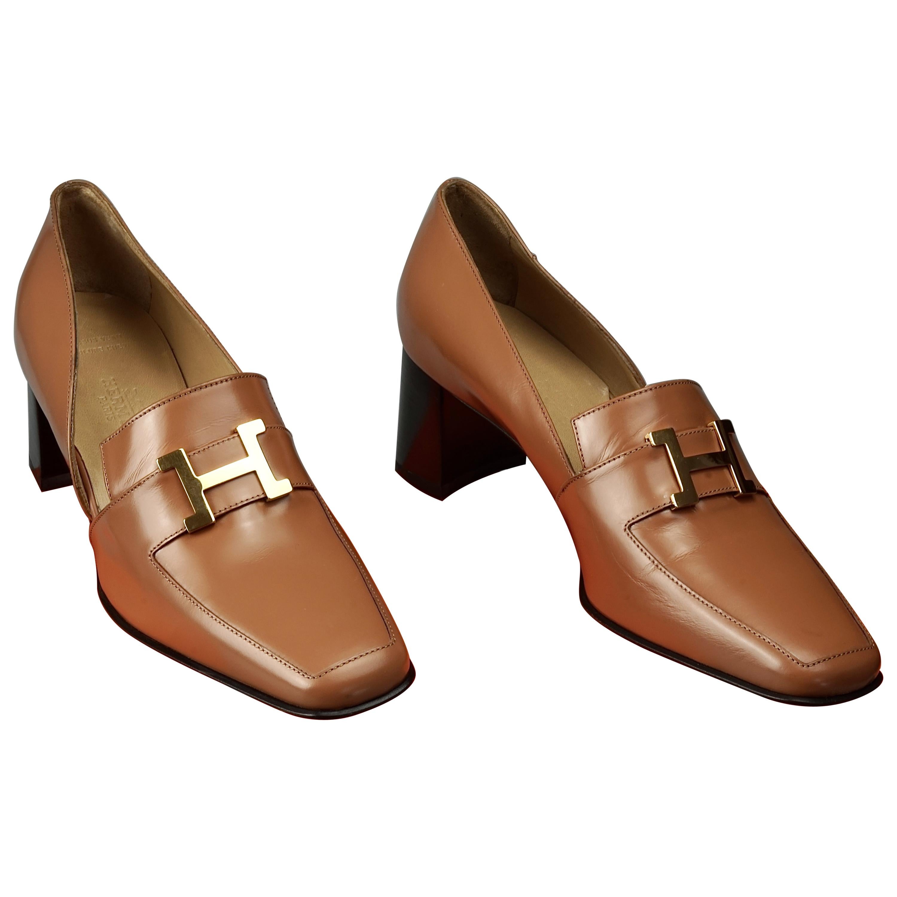 Vintage HERMES H Logo Leather Heel Loafer Shoes