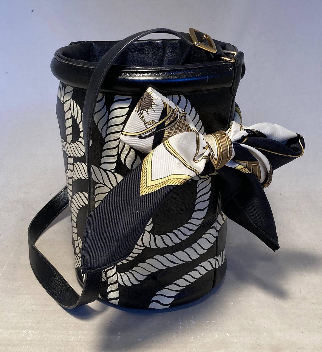 Black OOAK Vintage Hermes Hand Painted Ropes Bucket Bag For Sale