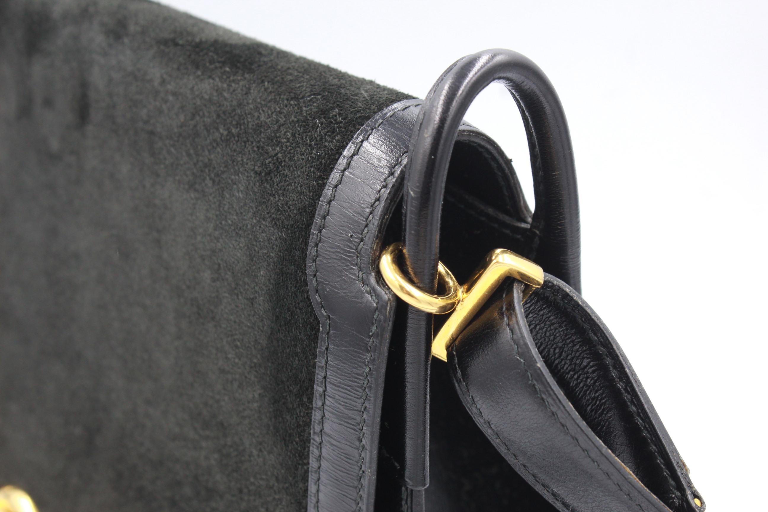 Black Vintage Hermès handbga with shoulder strap in black leather and suede. For Sale