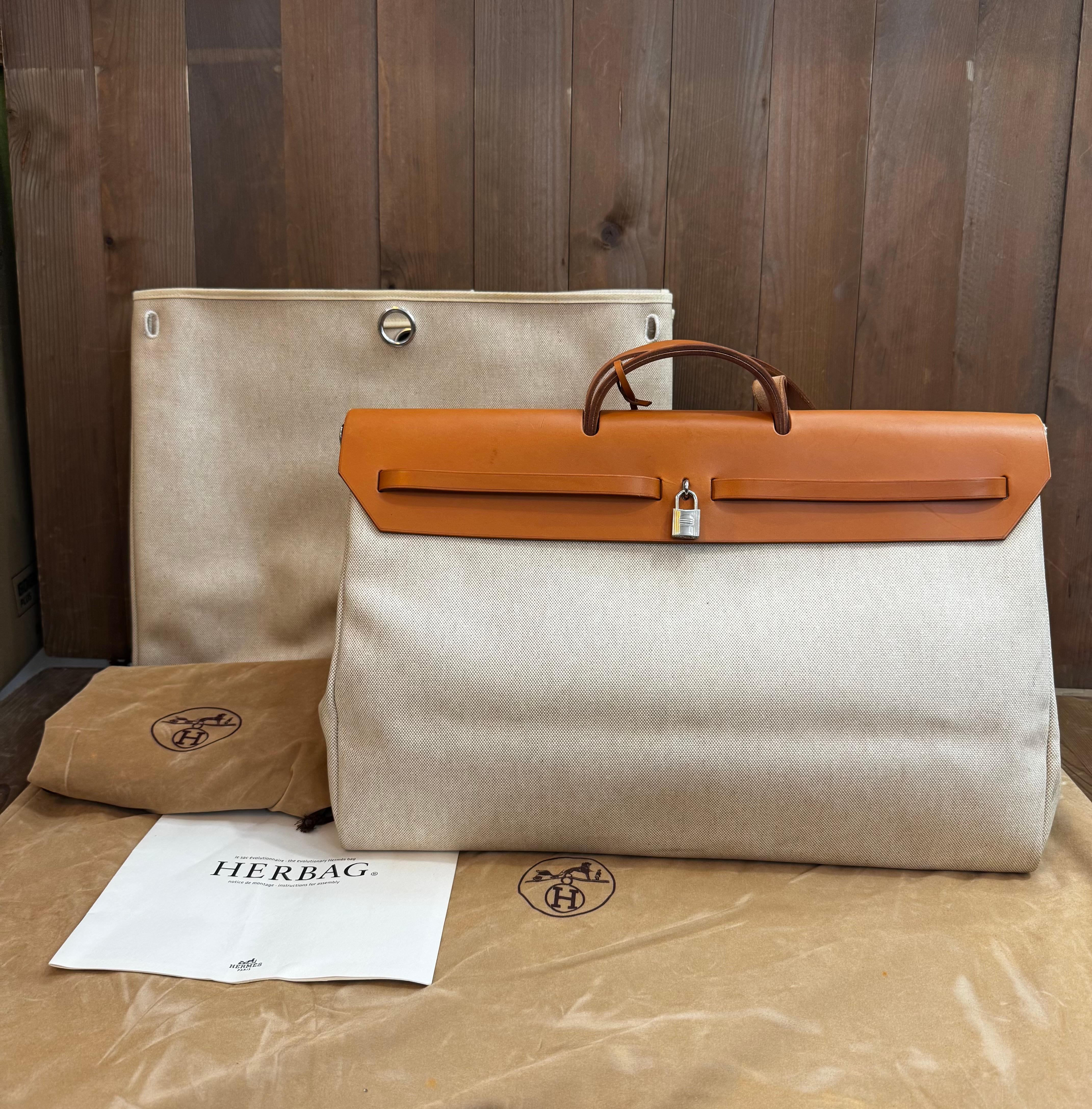 Vintage HERMES Herbag Beige Off-white 2 in 1 Toile Reisetasche GM 50 im Zustand „Hervorragend“ im Angebot in Bangkok, TH