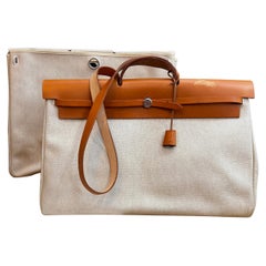 Vintage HERMES Herbag Beige Off-white 2 in 1 Toile Travel Bag GM 50