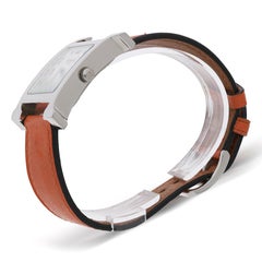 Vintage Hermes Heure H 30mm Steel White Dial Orange Swift Strap Quartz Watch