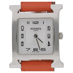 Vintage Hermes Heure H 30mm Steel White Dial Orange Swift Strap Quartz Watch
