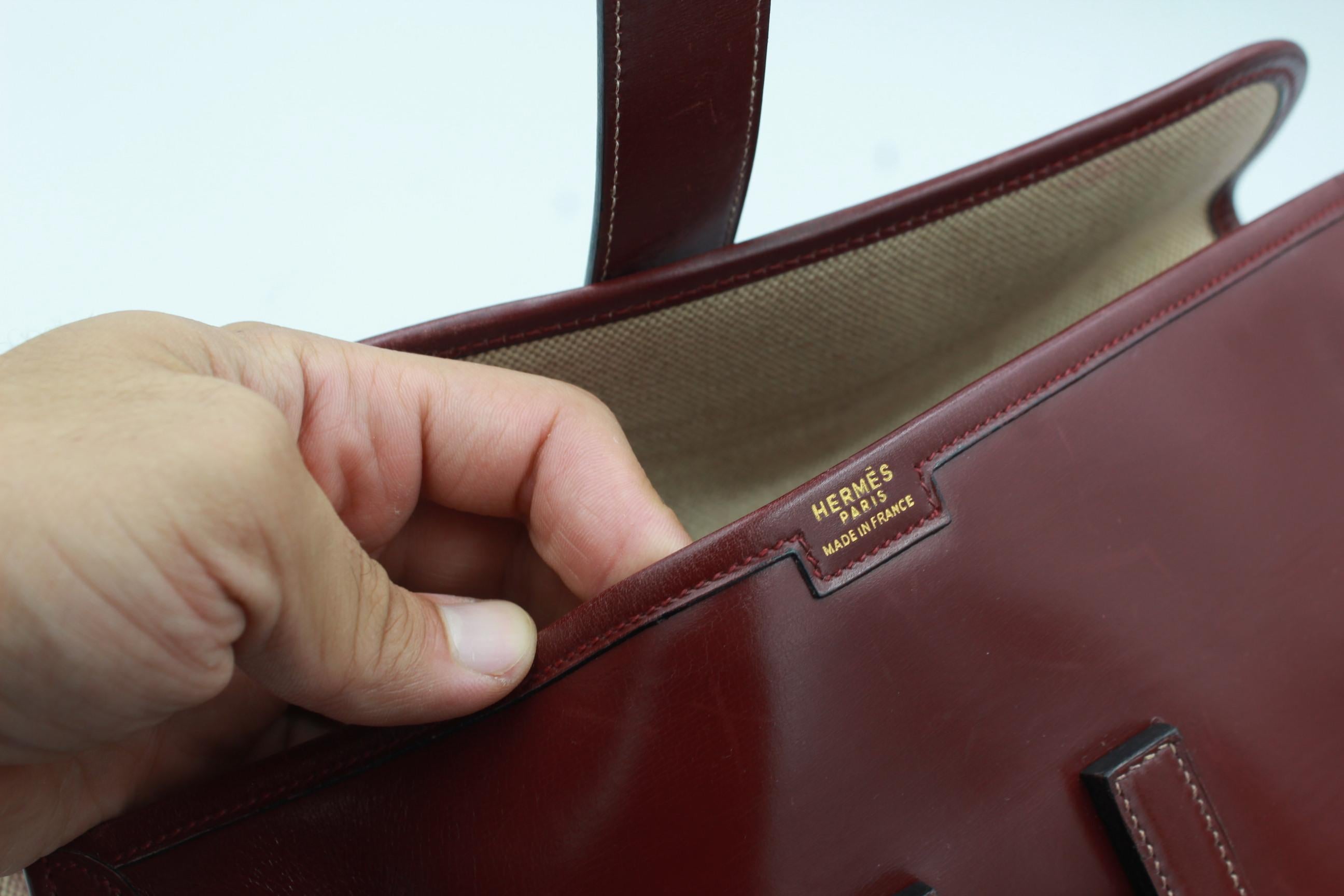 Brown Vintage Hermes Jige  Clutch in Burgundy box Leather.