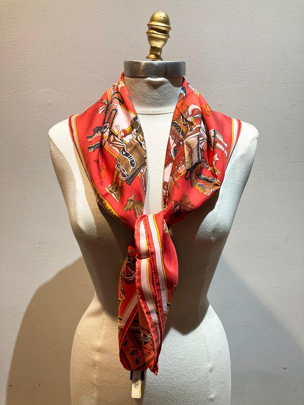 Vintage Hermes Kachinas Silk Scarf in Coral by Kermit Oliver c1990s In Excellent Condition In Philadelphia, PA