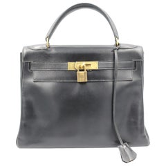  Vintage Hermes Kelly 28 Black  Box Leather Bag