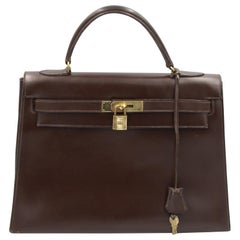  Vintage Hermes Kelly 32 Brown Box Leather Bag