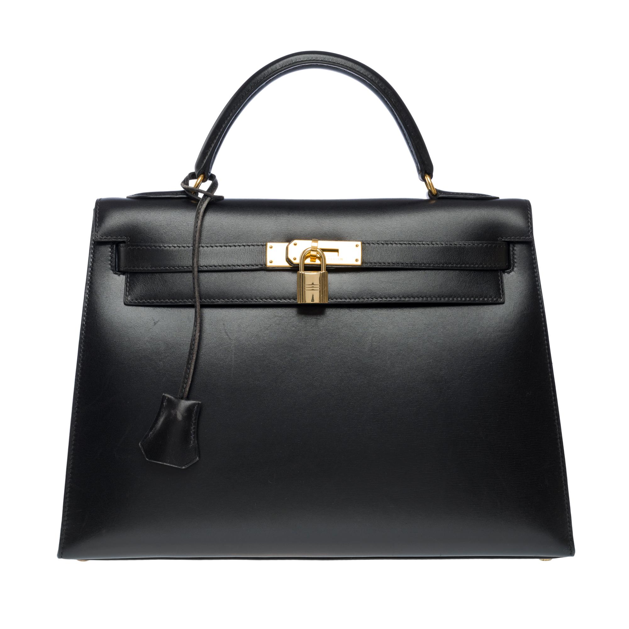 Vintage Hermès Kelly 32 sellier handbag strap in Black Box Calf leather, GHW In Good Condition In Paris, IDF