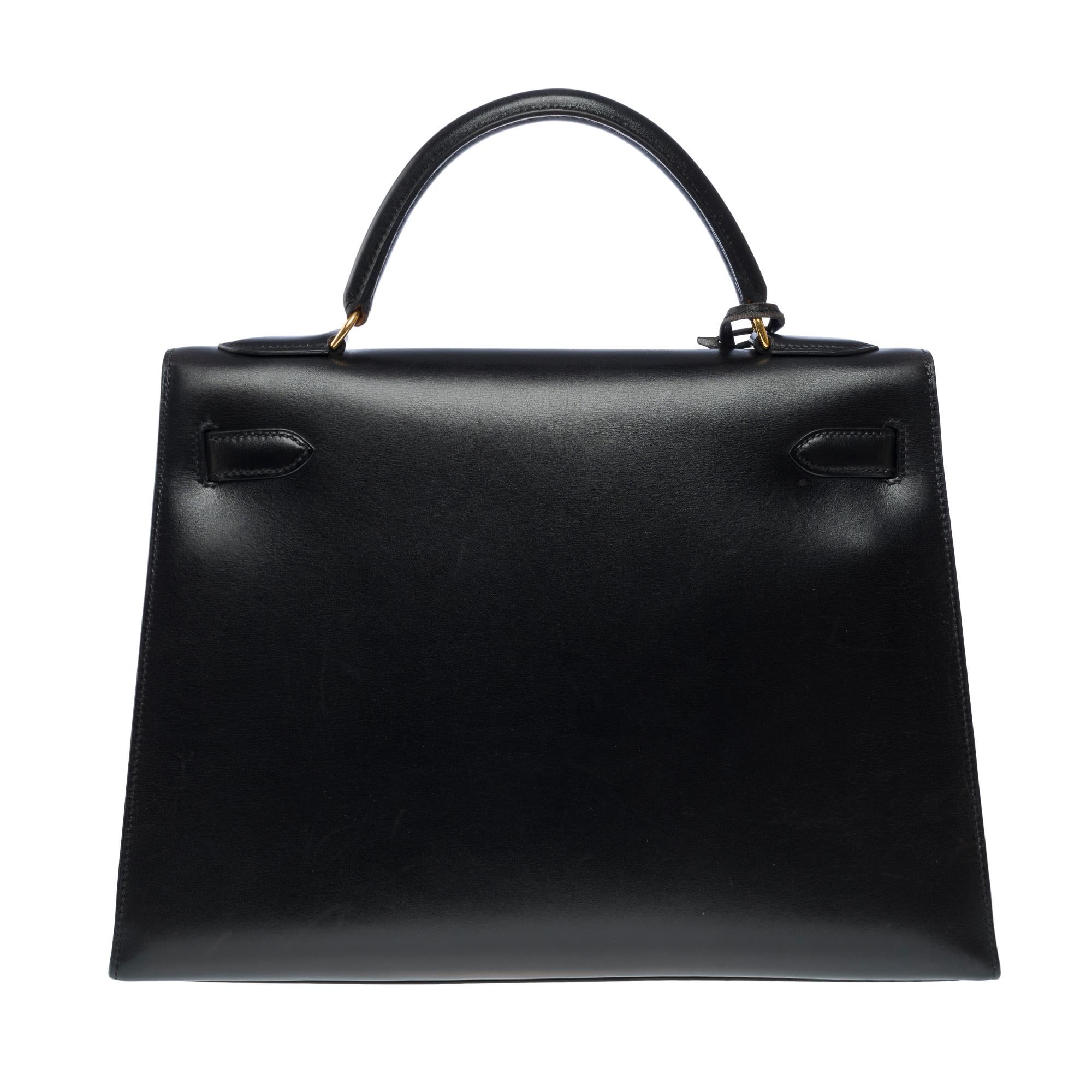 Women's Vintage Hermès Kelly 32 sellier handbag strap in Black Box Calf leather, GHW