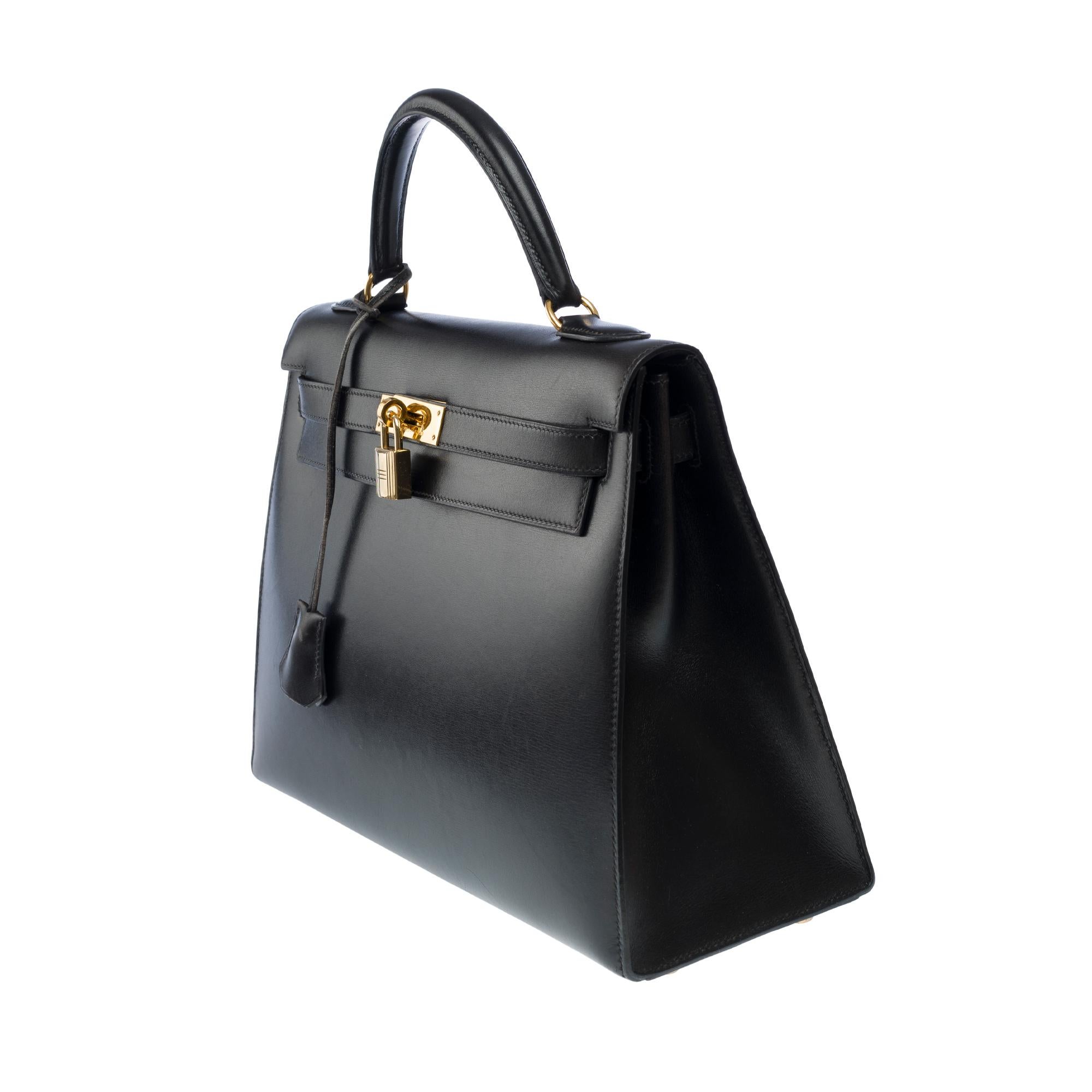 Vintage Hermès Kelly 32 sellier handbag strap in Black Box Calf leather, GHW 1
