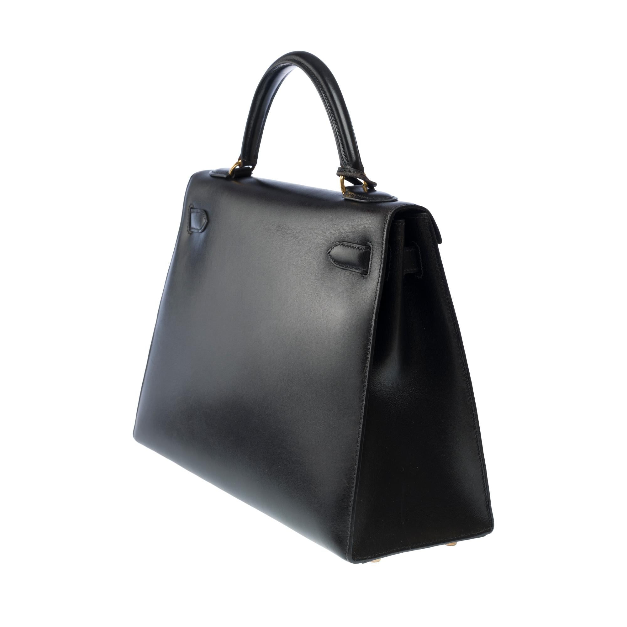 Vintage Hermès Kelly 32 sellier handbag strap in Black Box Calf leather, GHW 2