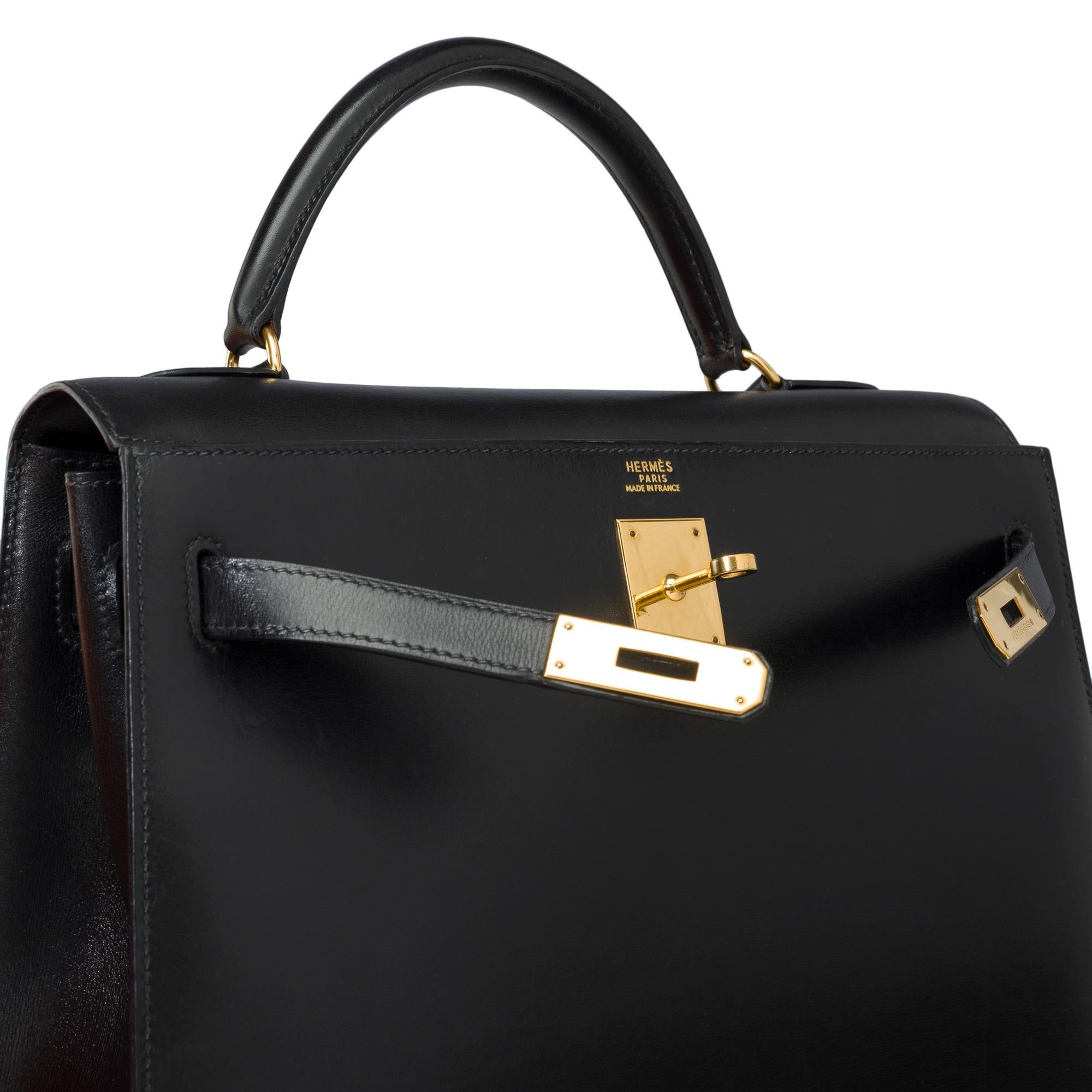 Vintage Hermès Kelly 32 sellier handbag strap in Black Box Calf leather, GHW 3