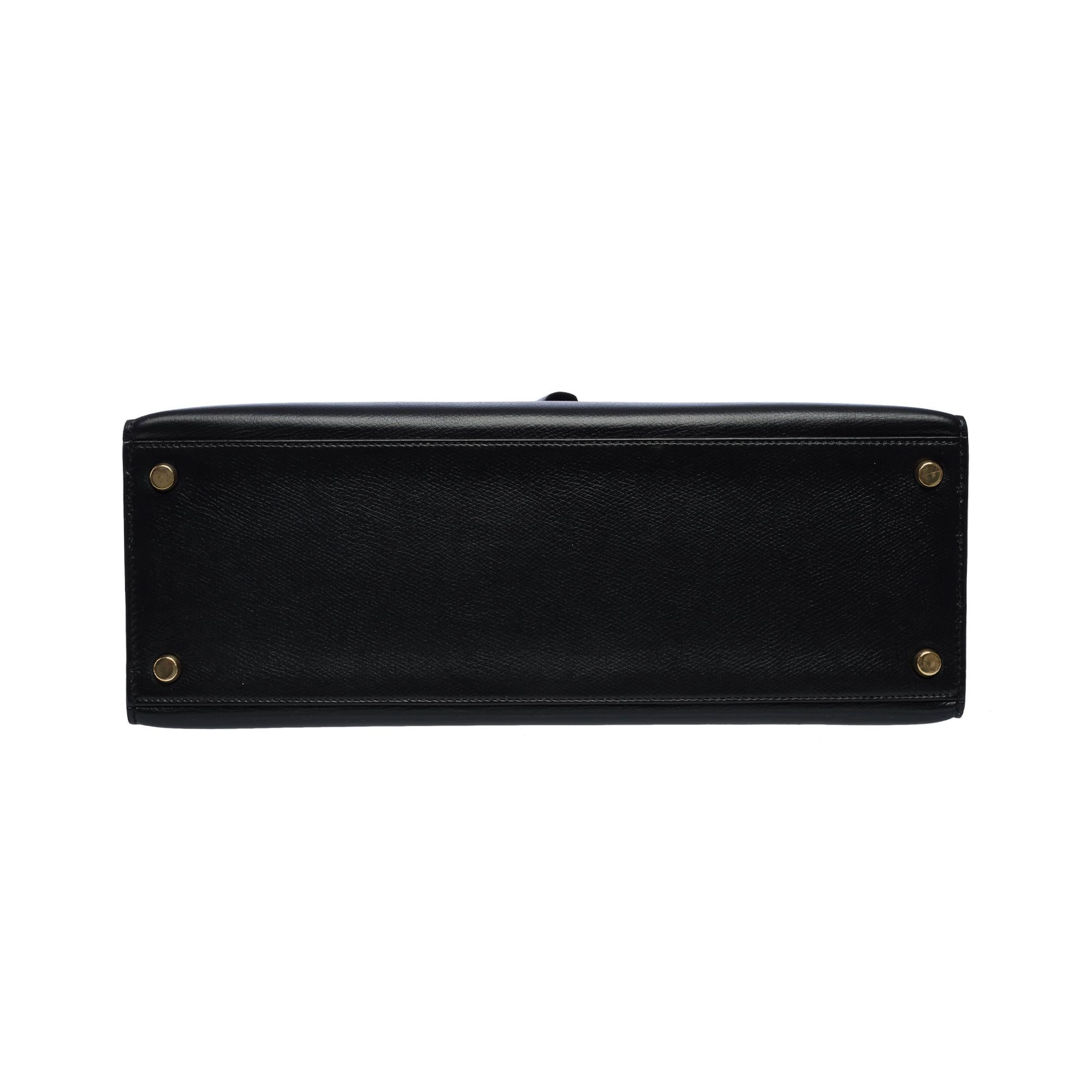 Vintage Hermès Kelly 32 sellier handbag strap in Black Courchevel leather, GHW 6
