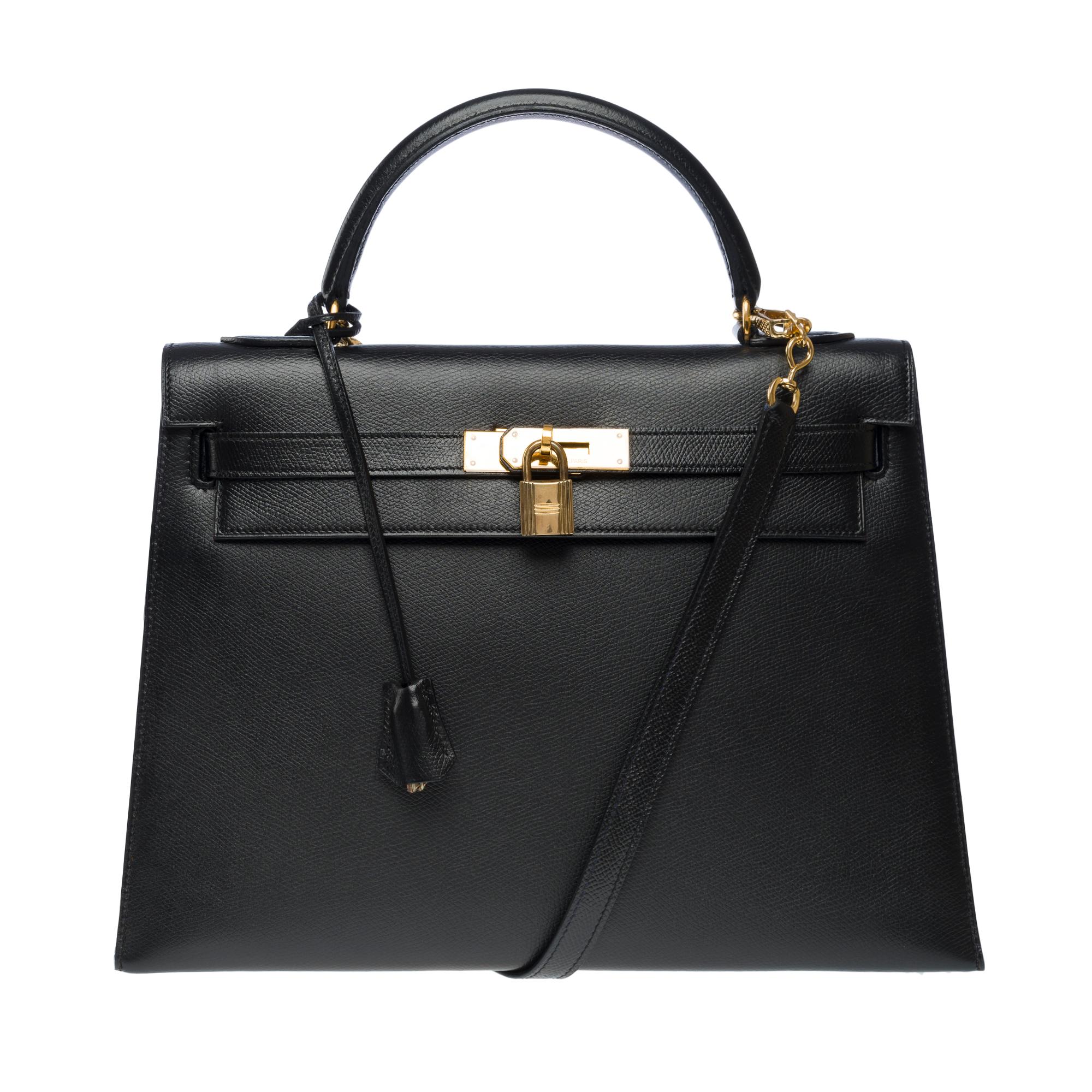 Beautiful​ ​Hermes​ ​Kelly​ ​32​ ​sellier​ ​handbag​ ​strap​ ​in​ ​black​ ​Courchevel​ ​leather,​ ​gold​ ​plated​ ​metal​ ​trim,​ ​black​ ​leather​ ​handle,​ ​removable​ ​shoulder​ ​strap​ ​handle​ ​compatible​ ​not​ ​original​ ​(produced​ ​by​