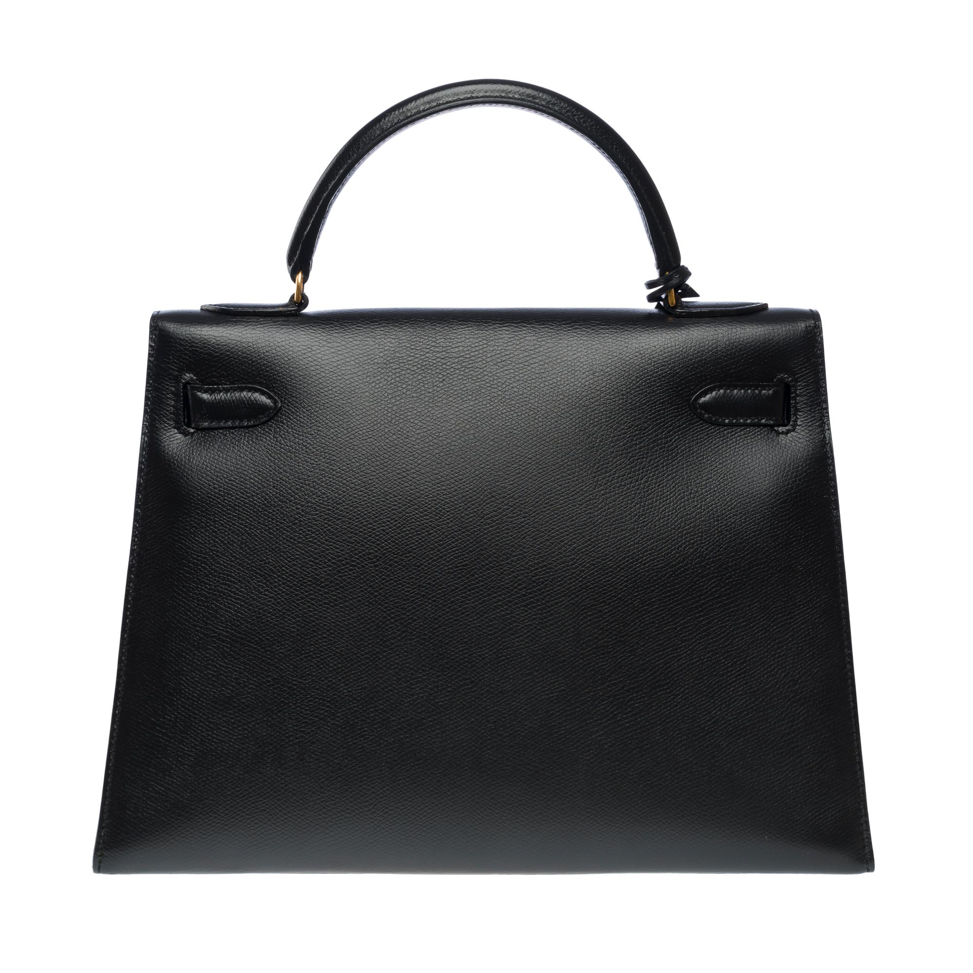 Vintage Hermès Kelly 32 sellier handbag strap in Black Courchevel leather, GHW In Good Condition In Paris, IDF